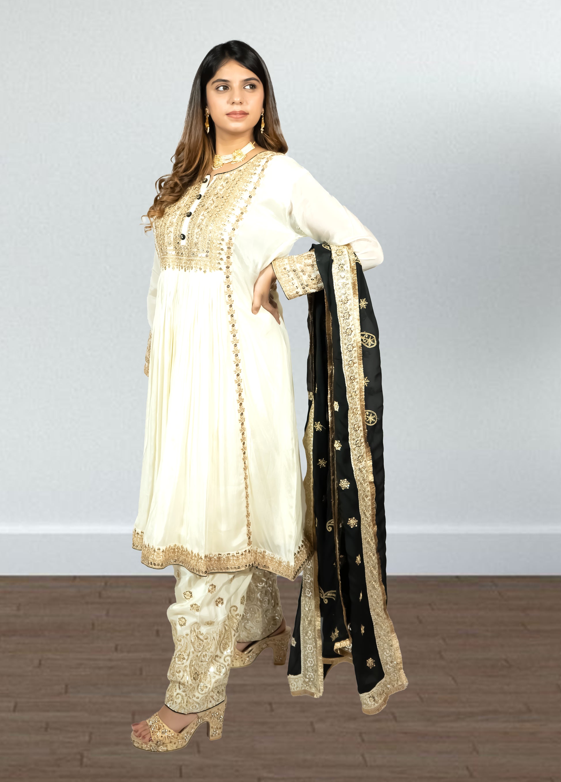 Off White & Black Chinon Anarkali Suit with Salwar & Dupatta | Sequence Embroidery - Bebo N Lolo