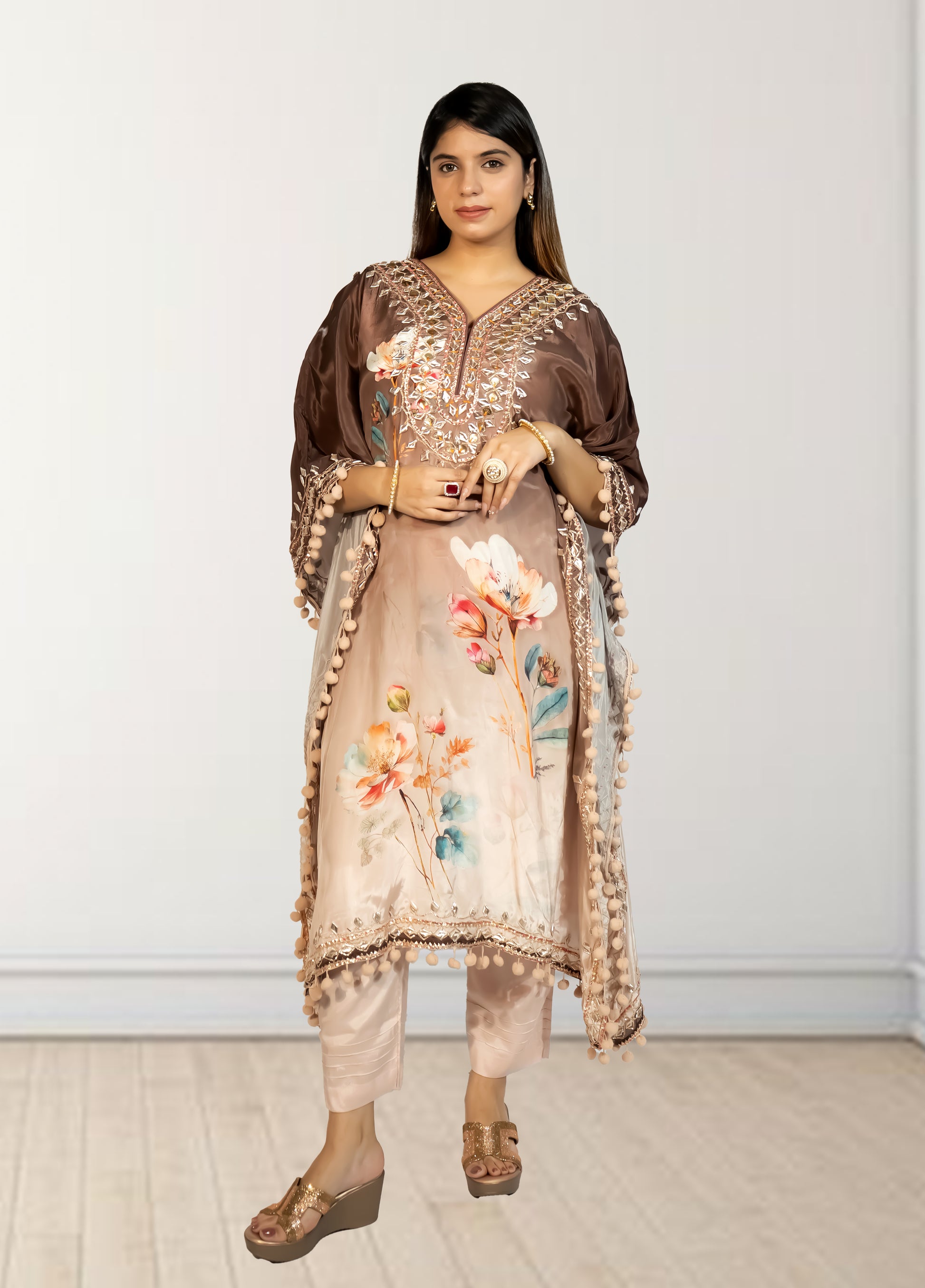 Peach & Brown Digital Print Kaftan with Pant | Gotta Patti Work | Crape Fabric | Sizes L–XL - Bebo N Lolo