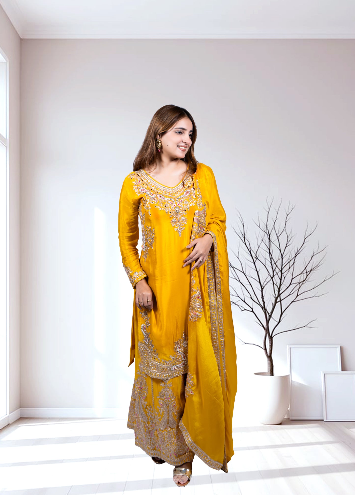 Mustard Chinon Kurta with Garara & Four-Side Bordered Dupatta - Bebo N Lolo