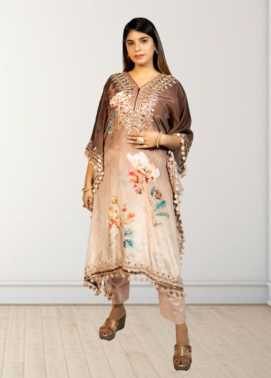 Peach & Brown Digital Print Kaftan with Pant | Gotta Patti Work | Crape Fabric | Sizes L–XL - Bebo N Lolo