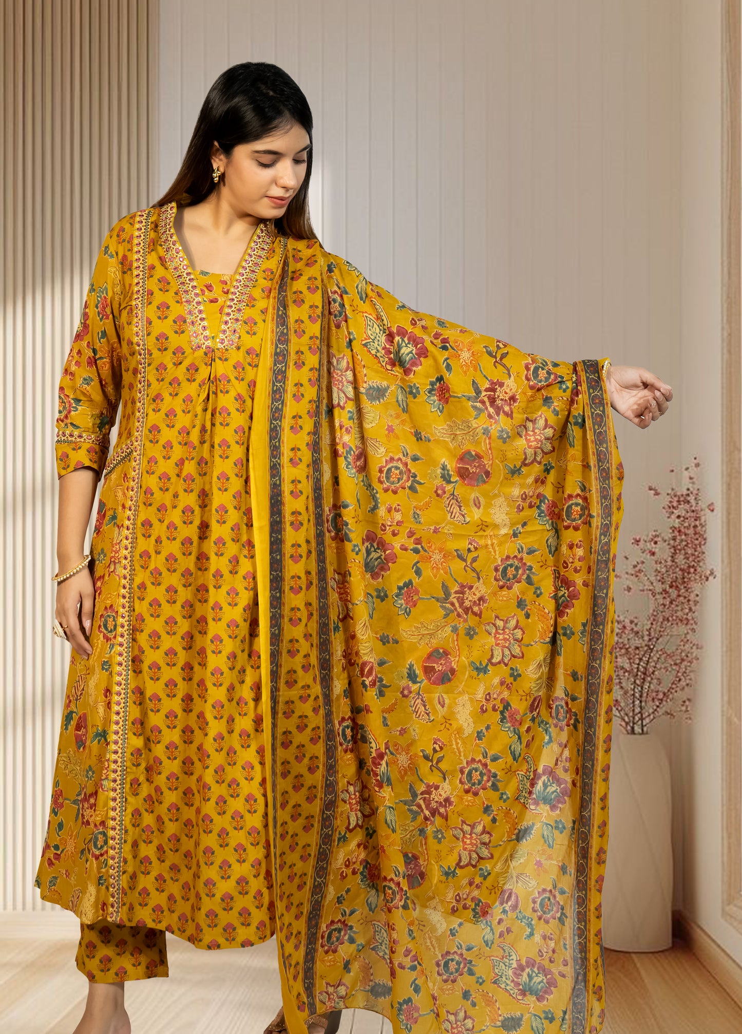 Mustard Pure Cotton A-Line Suit with Pant & Dupatta | Mirror & Lace Work | Sizes S–M - Bebo N Lolo