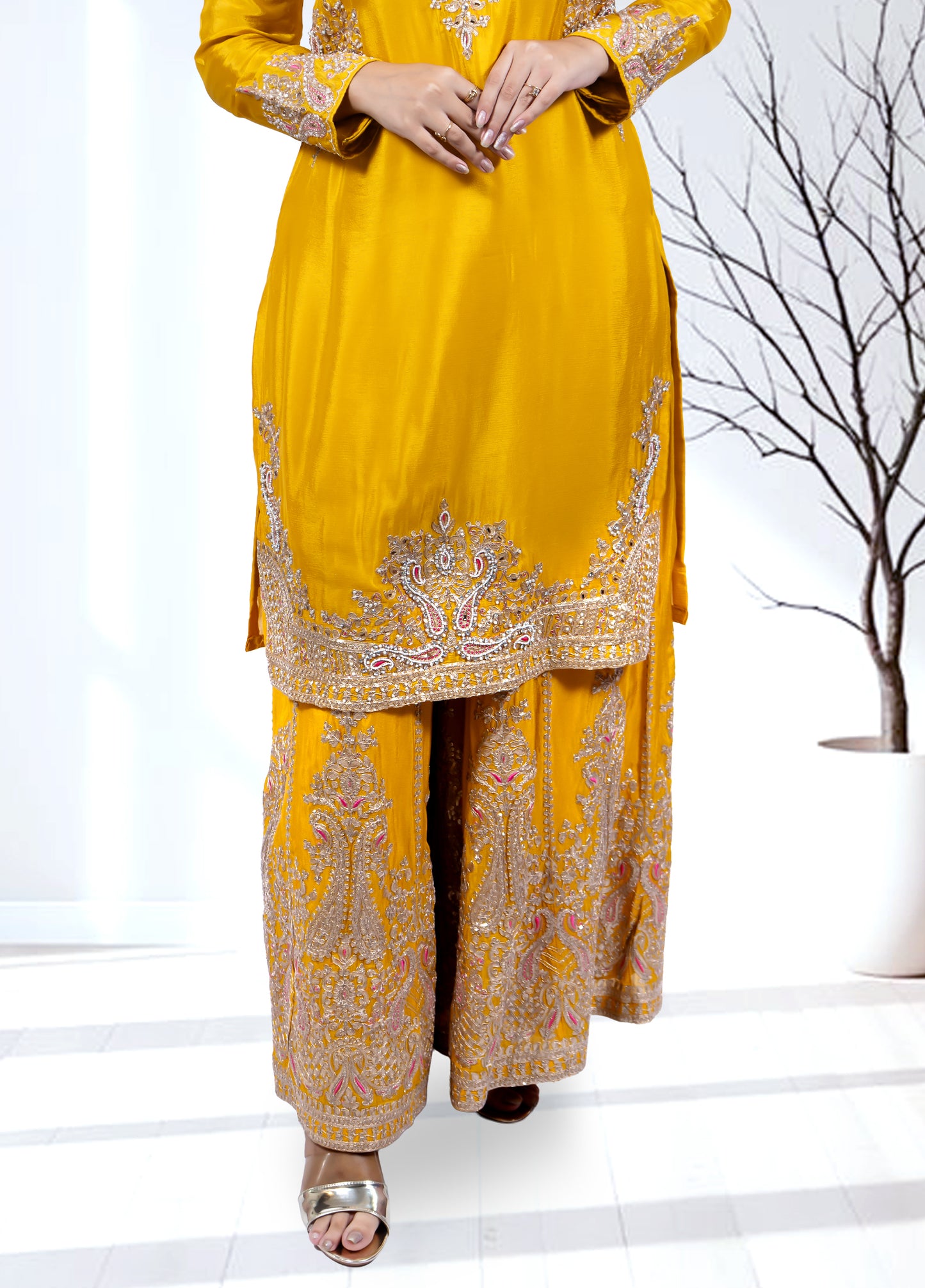 Mustard Chinon Kurta with Garara & Four-Side Bordered Dupatta - Bebo N Lolo