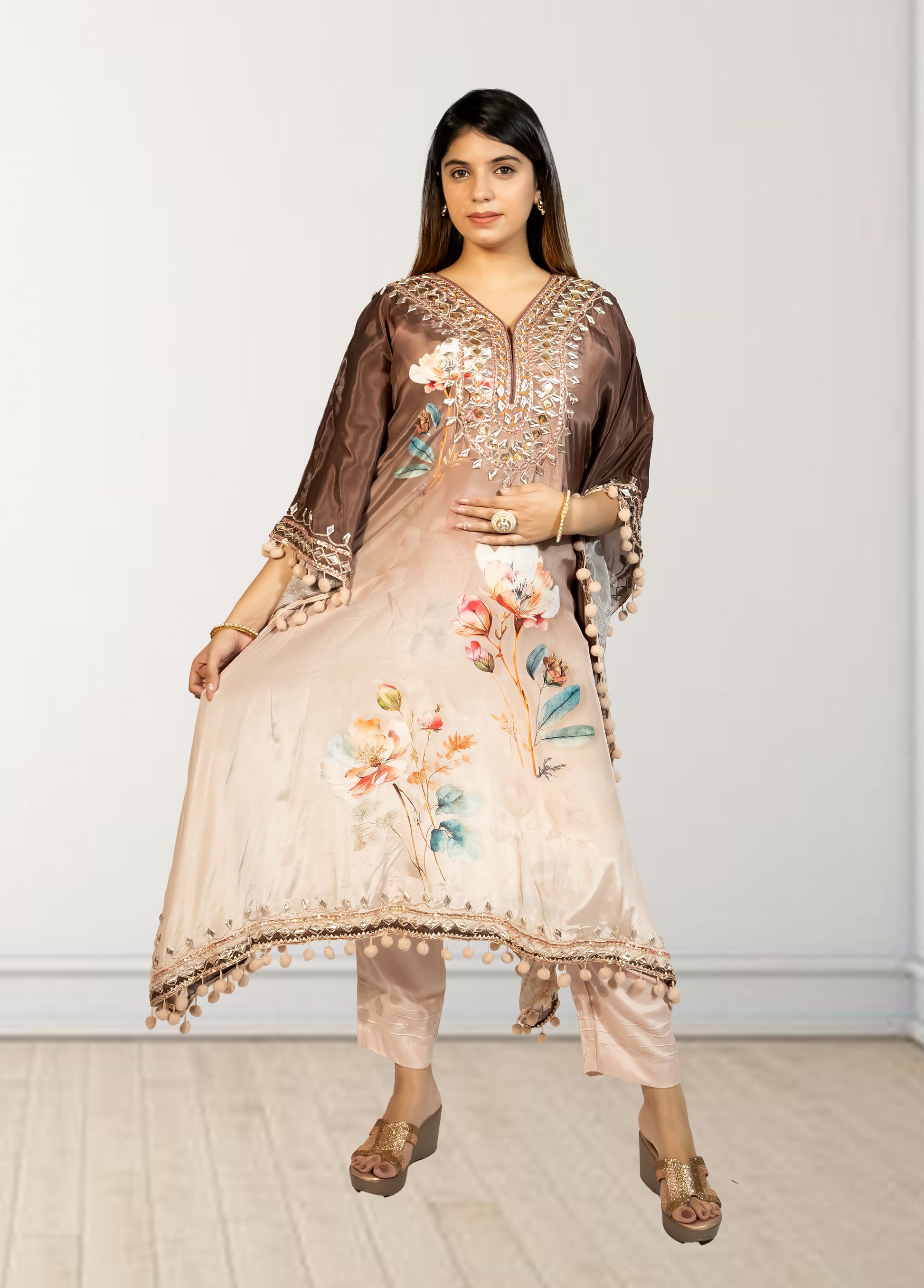 Peach & Brown Digital Print Kaftan with Pant | Gotta Patti Work | Crape Fabric | Sizes L–XL - Bebo N Lolo