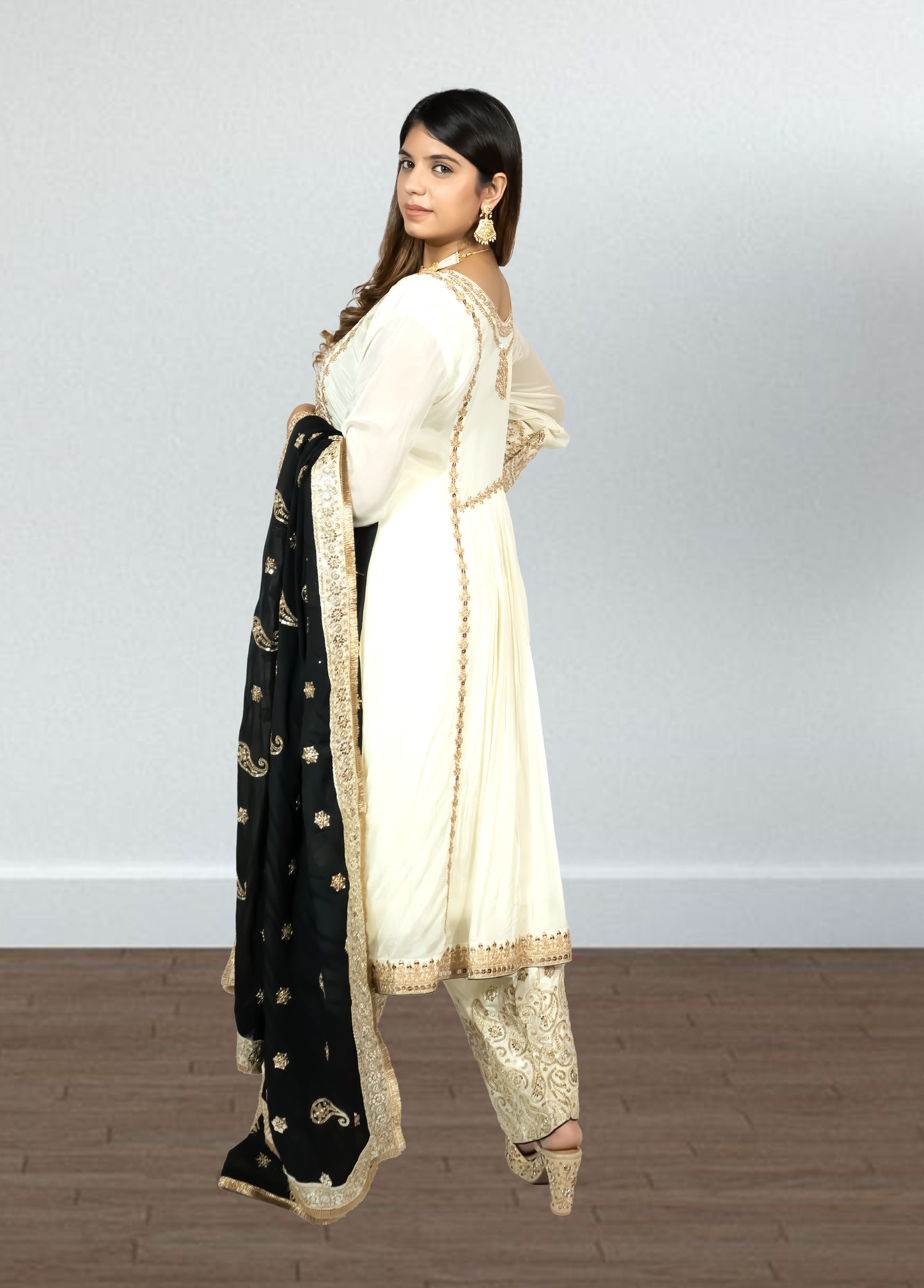 Off White & Black Chinon Anarkali Suit with Salwar & Dupatta | Sequence Embroidery - Bebo N Lolo