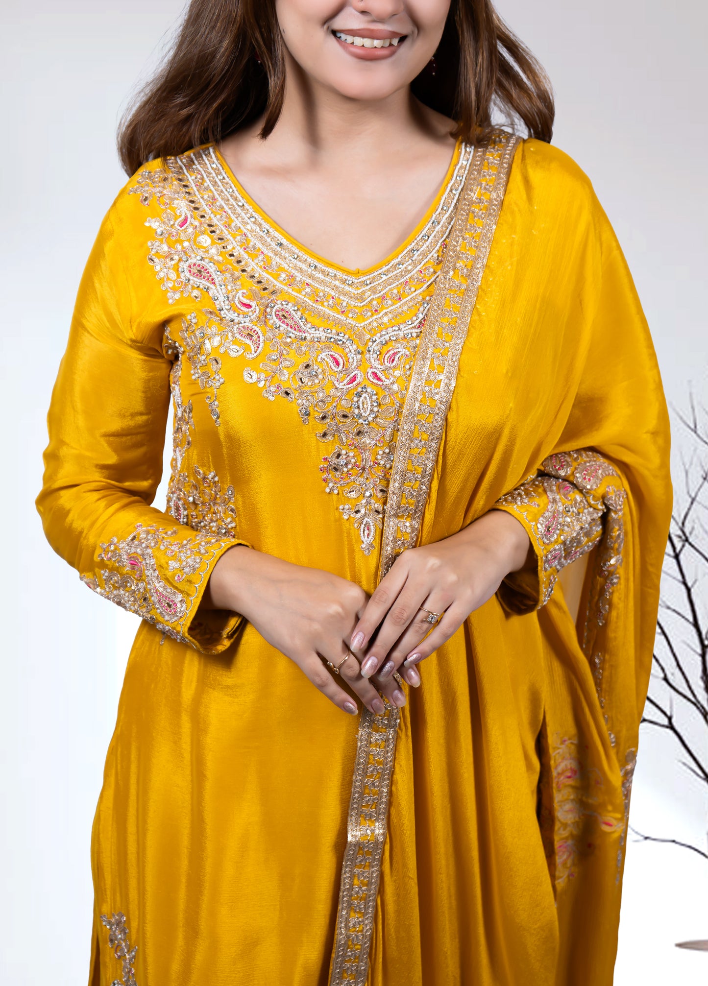 Mustard Chinon Kurta with Garara & Four-Side Bordered Dupatta - Bebo N Lolo