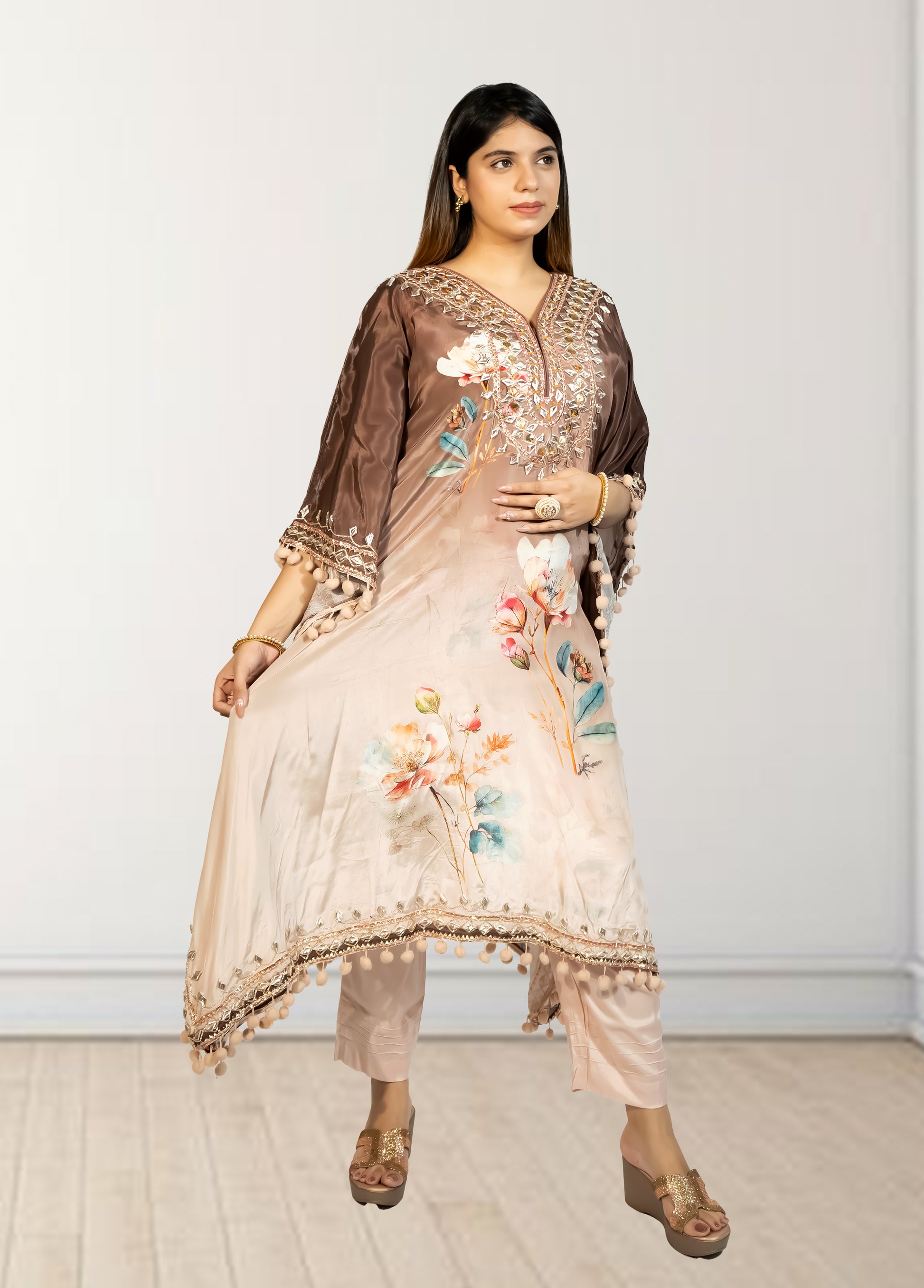Peach & Brown Digital Print Kaftan with Pant | Gotta Patti Work | Crape Fabric | Sizes L–XL - Bebo N Lolo