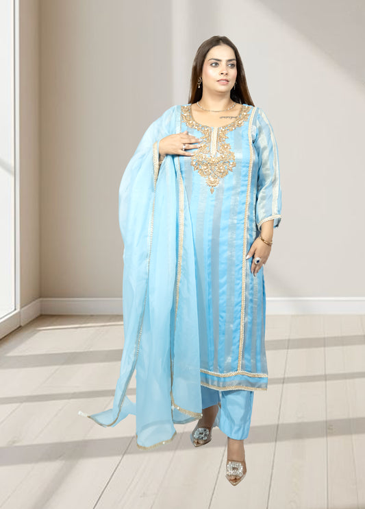 Silk Organza Suit with Santoon Pant & Dupatta | Dabka, Pearl & Lace Work | Green, Lavender & Sky Blue | Sizes M–XL - Bebo N Lolo