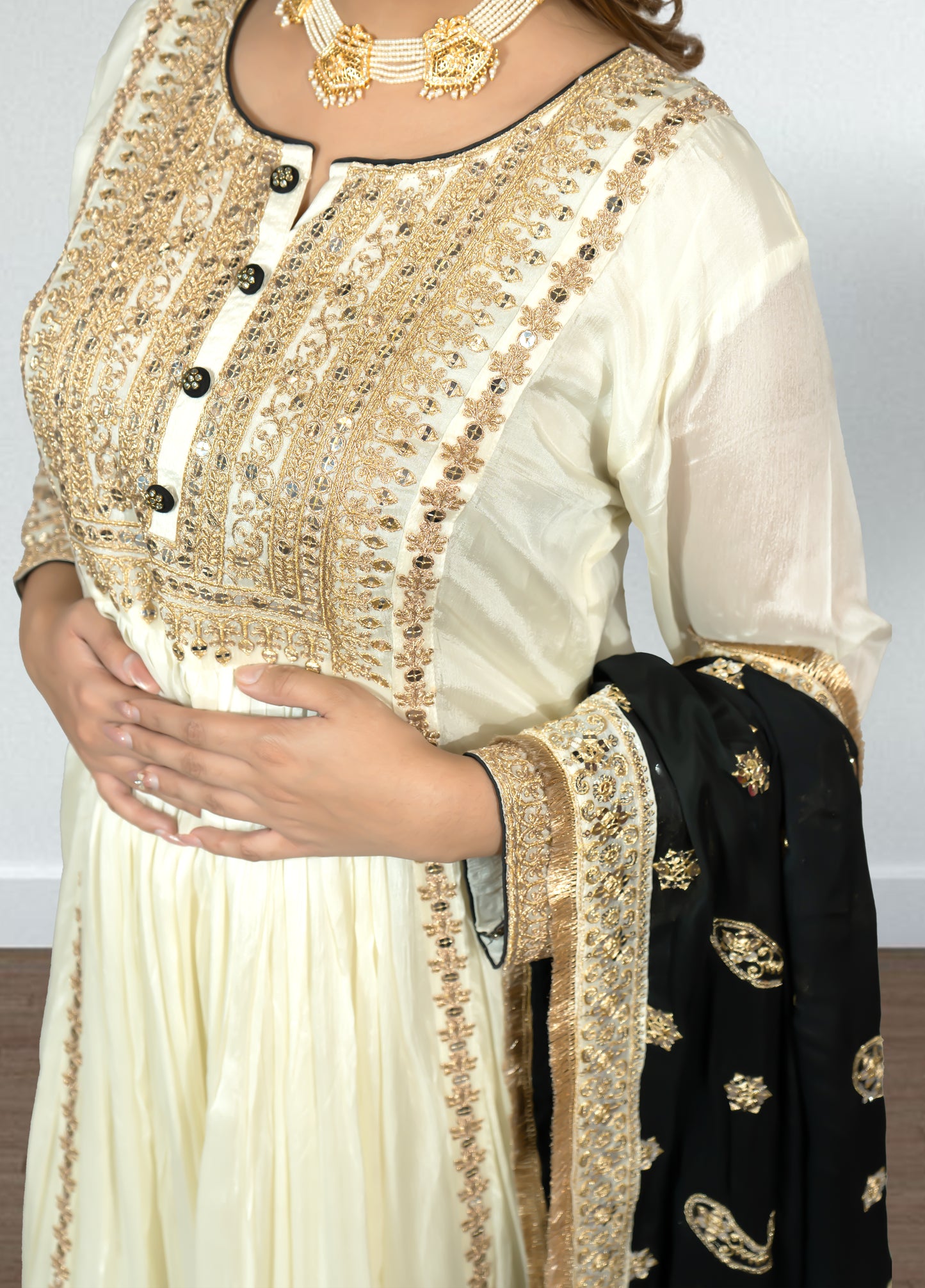 Off White & Black Chinon Anarkali Suit with Salwar & Dupatta | Sequence Embroidery - Bebo N Lolo