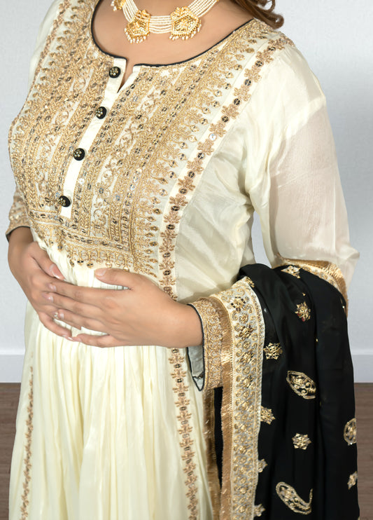Off White & Black Chinon Anarkali Suit with Salwar & Dupatta | Sequence Embroidery - Bebo N Lolo