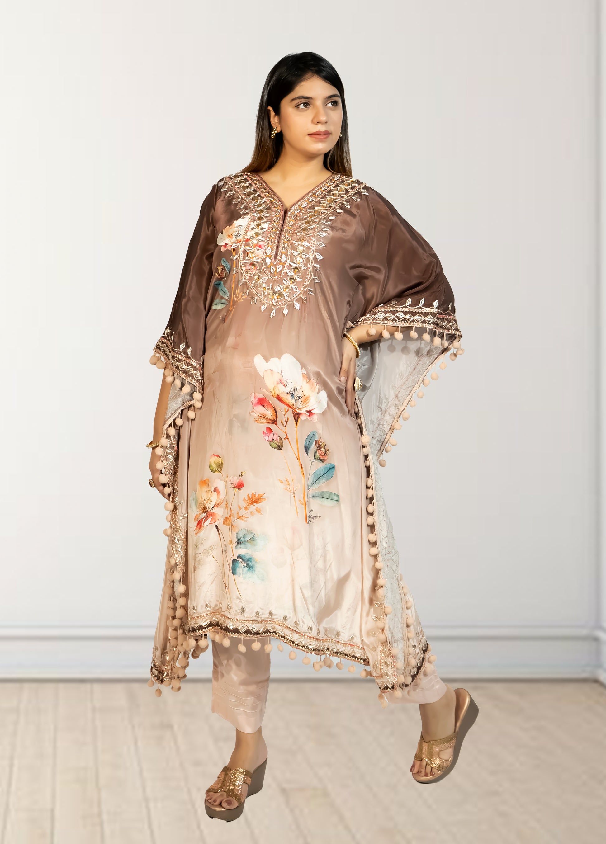 Peach & Brown Digital Print Kaftan with Pant | Gotta Patti Work | Crape Fabric | Sizes L–XL - Bebo N Lolo