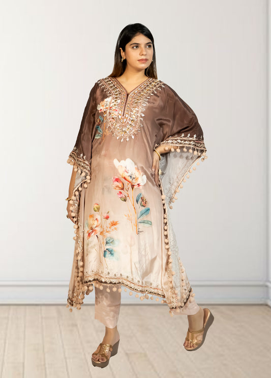 Peach & Brown Digital Print Kaftan with Pant | Gotta Patti Work | Crape Fabric | Sizes L–XL - Bebo N Lolo