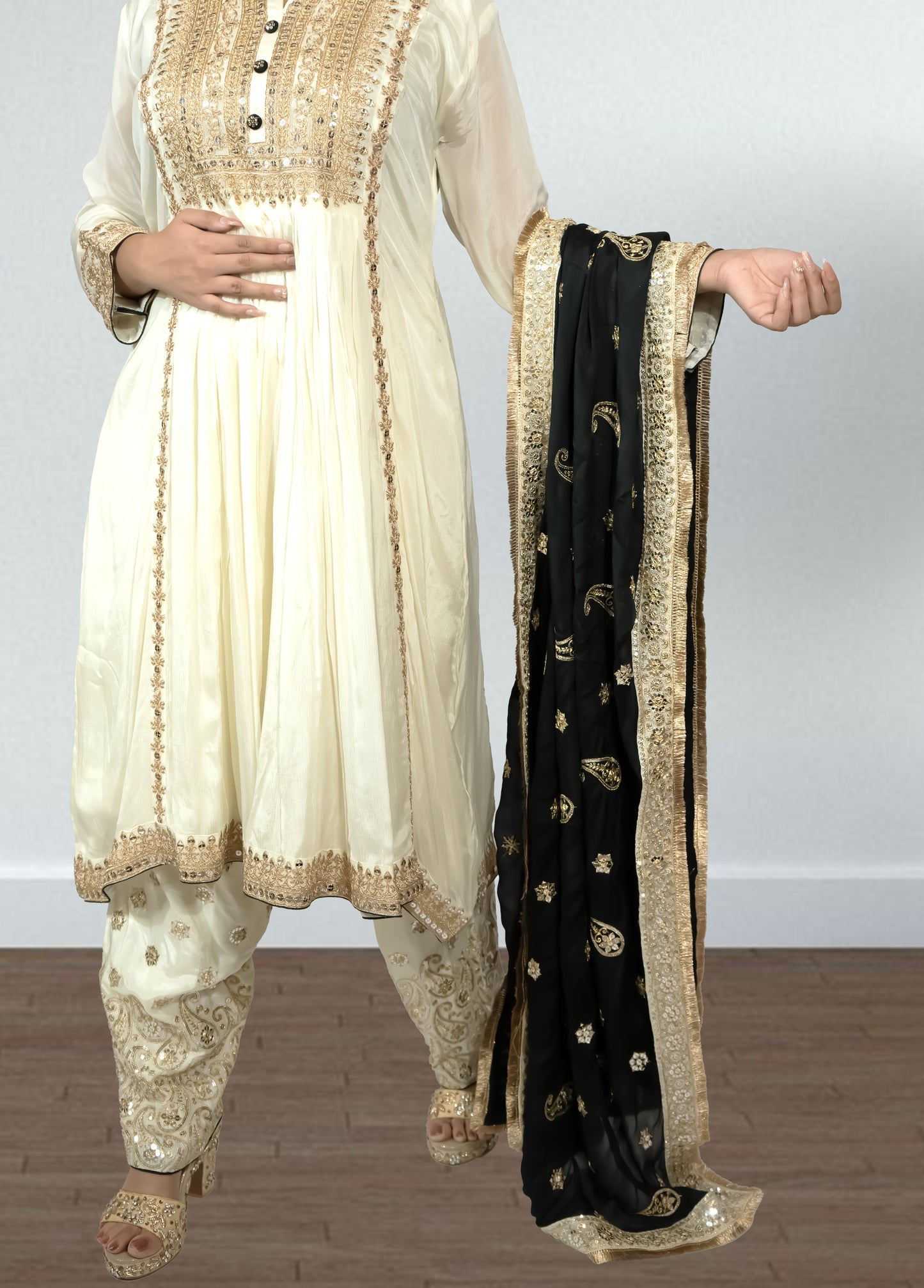 Off White & Black Chinon Anarkali Suit with Salwar & Dupatta | Sequence Embroidery - Bebo N Lolo