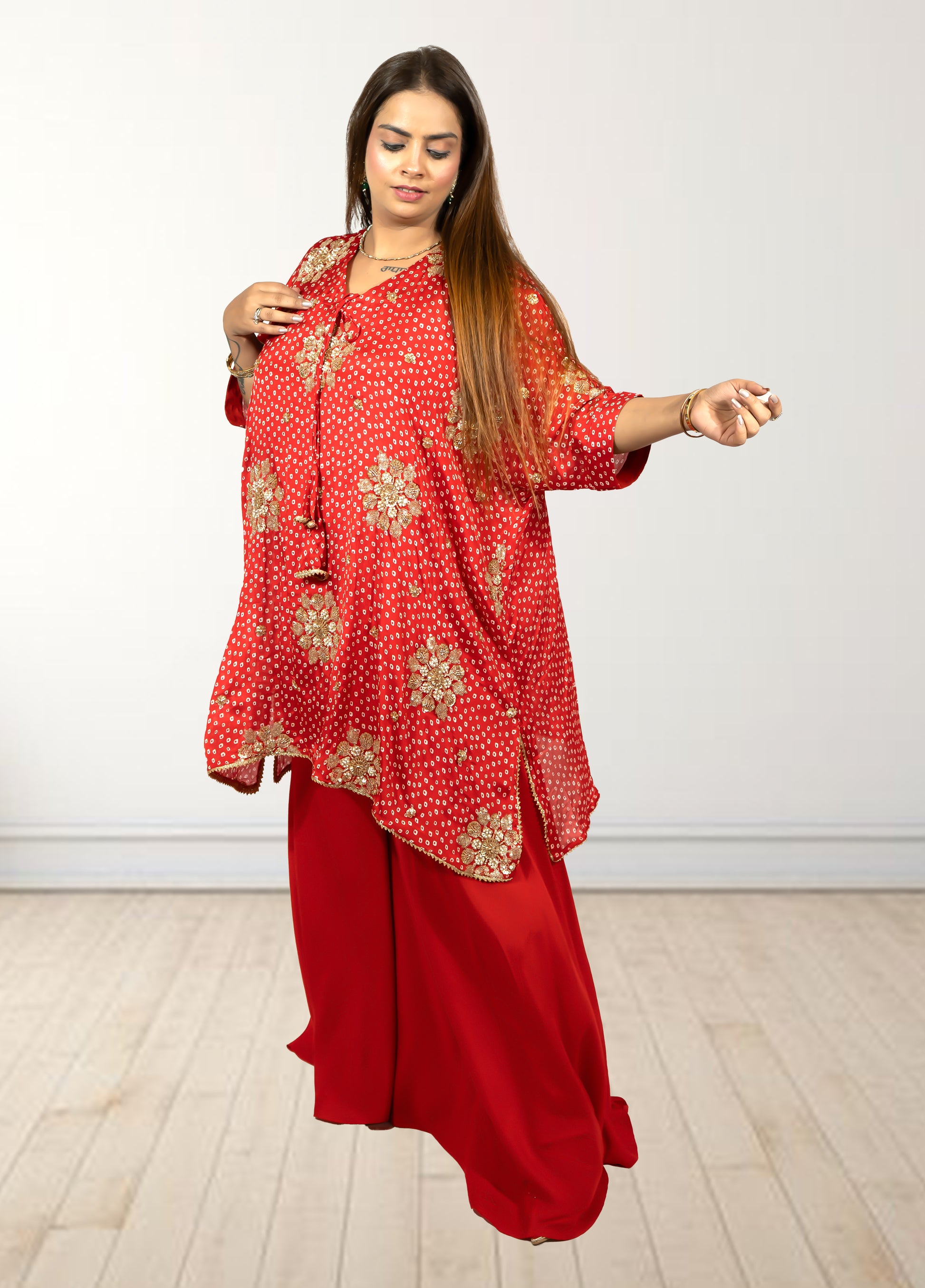 Red Chinon Bandhani Print Loose Palazzo Choga | Sequence & Cut Dana Work - Bebo N Lolo