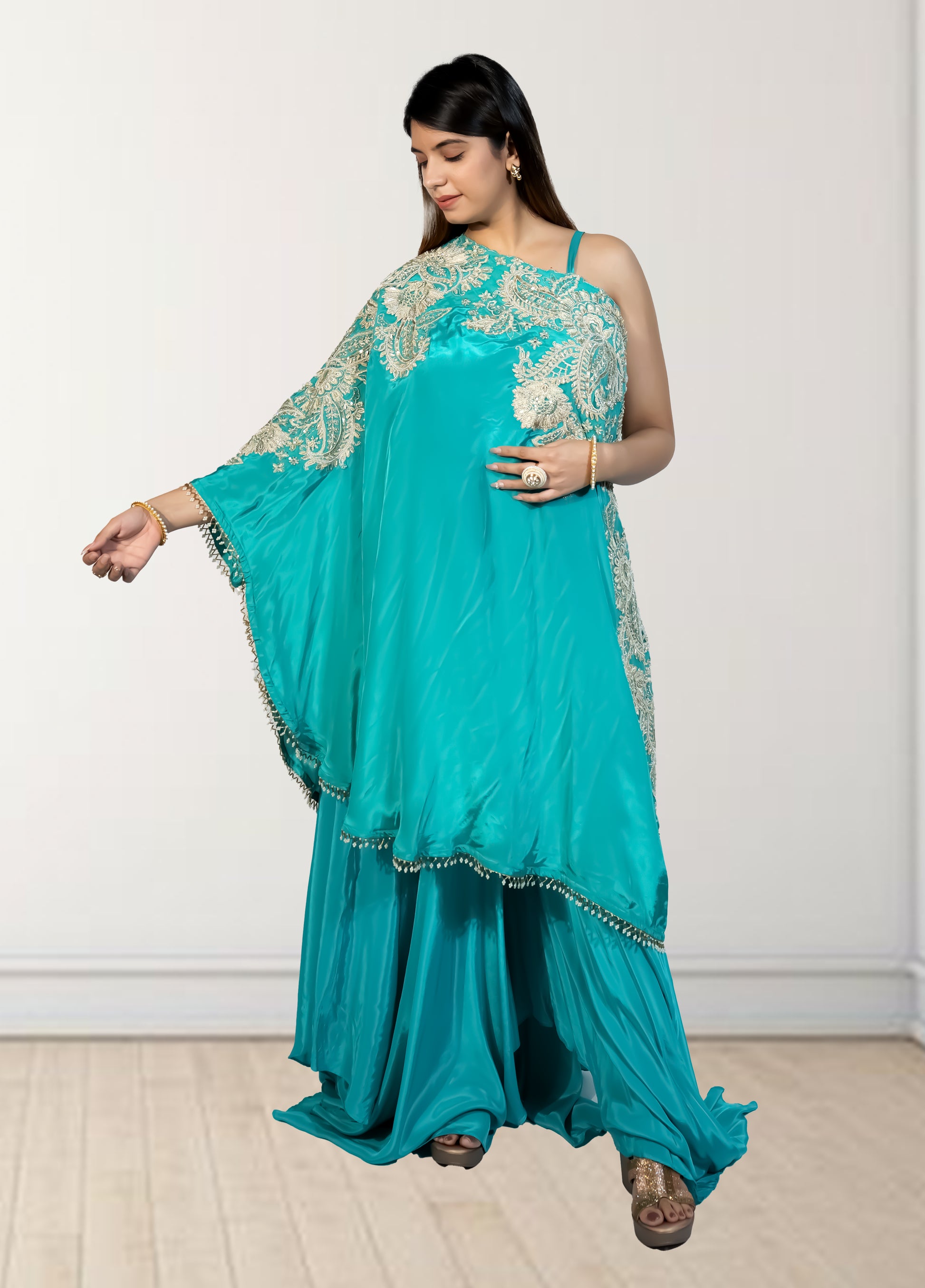 Rama Green Off-Shoulder Cape with Sharara & Breastiser | Pearl, Lace, Cut Dana & Sequence Work | Indo Western | Sizes L–XXL - Bebo N Lolo