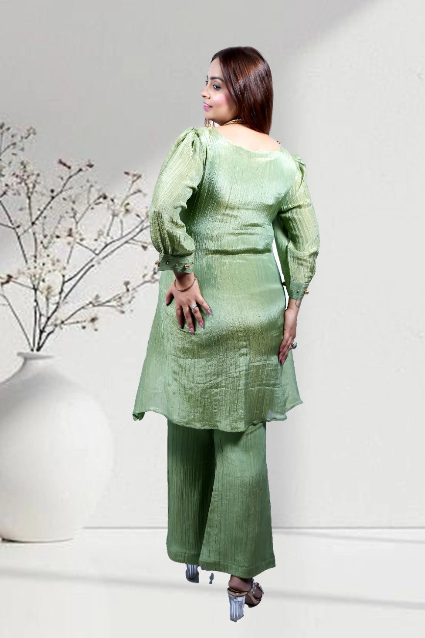 Ethereal Green Soft Simmer Crush Co-ord Set for Women | Beaded Elephant Motif | Sizes XS–5XL - Bebo N Lolo