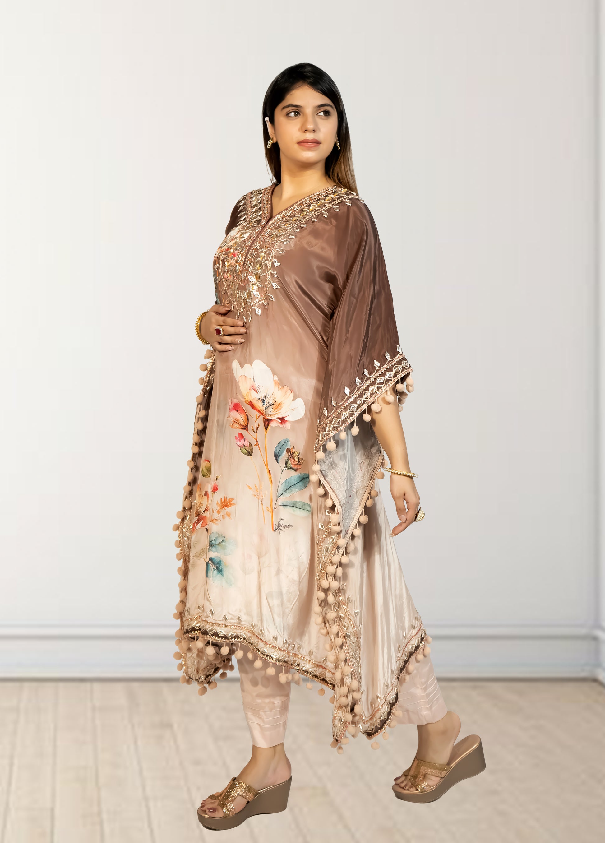 Peach & Brown Digital Print Kaftan with Pant | Gotta Patti Work | Crape Fabric | Sizes L–XL - Bebo N Lolo