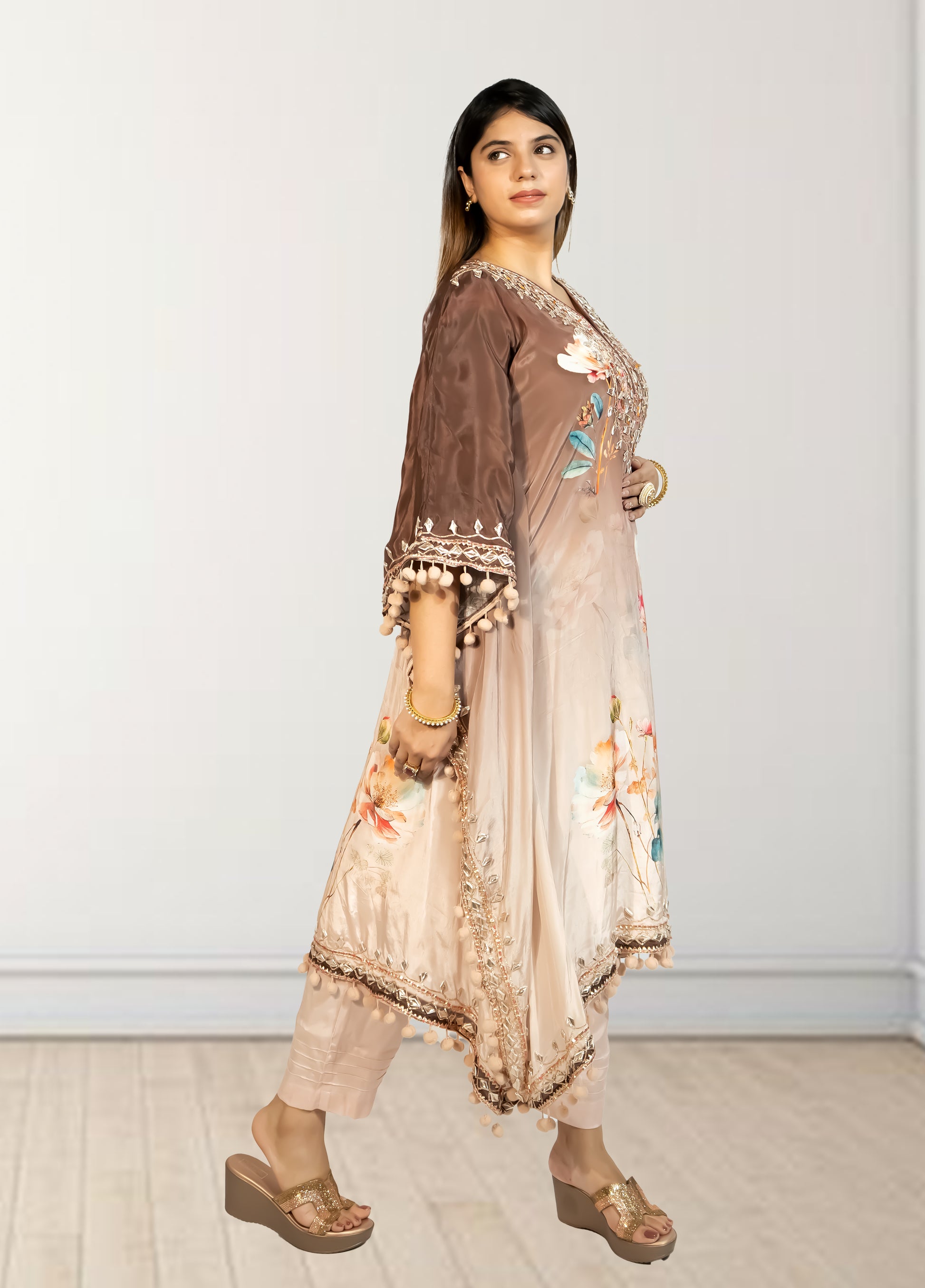 Peach & Brown Digital Print Kaftan with Pant | Gotta Patti Work | Crape Fabric | Sizes L–XL - Bebo N Lolo