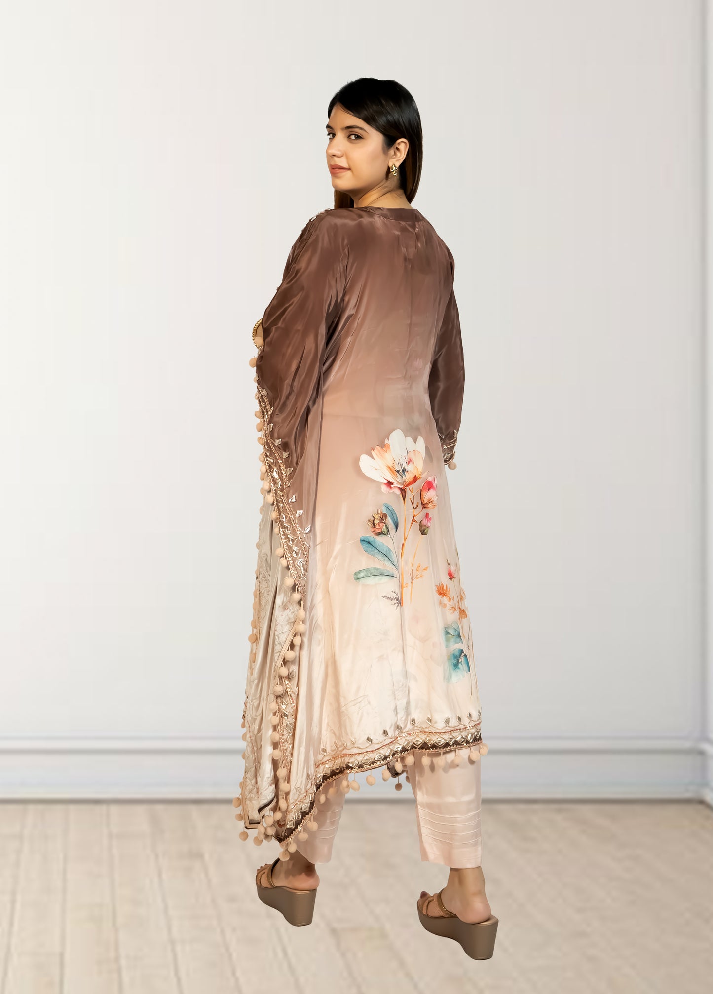 Peach & Brown Digital Print Kaftan with Pant | Gotta Patti Work | Crape Fabric | Sizes L–XL - Bebo N Lolo
