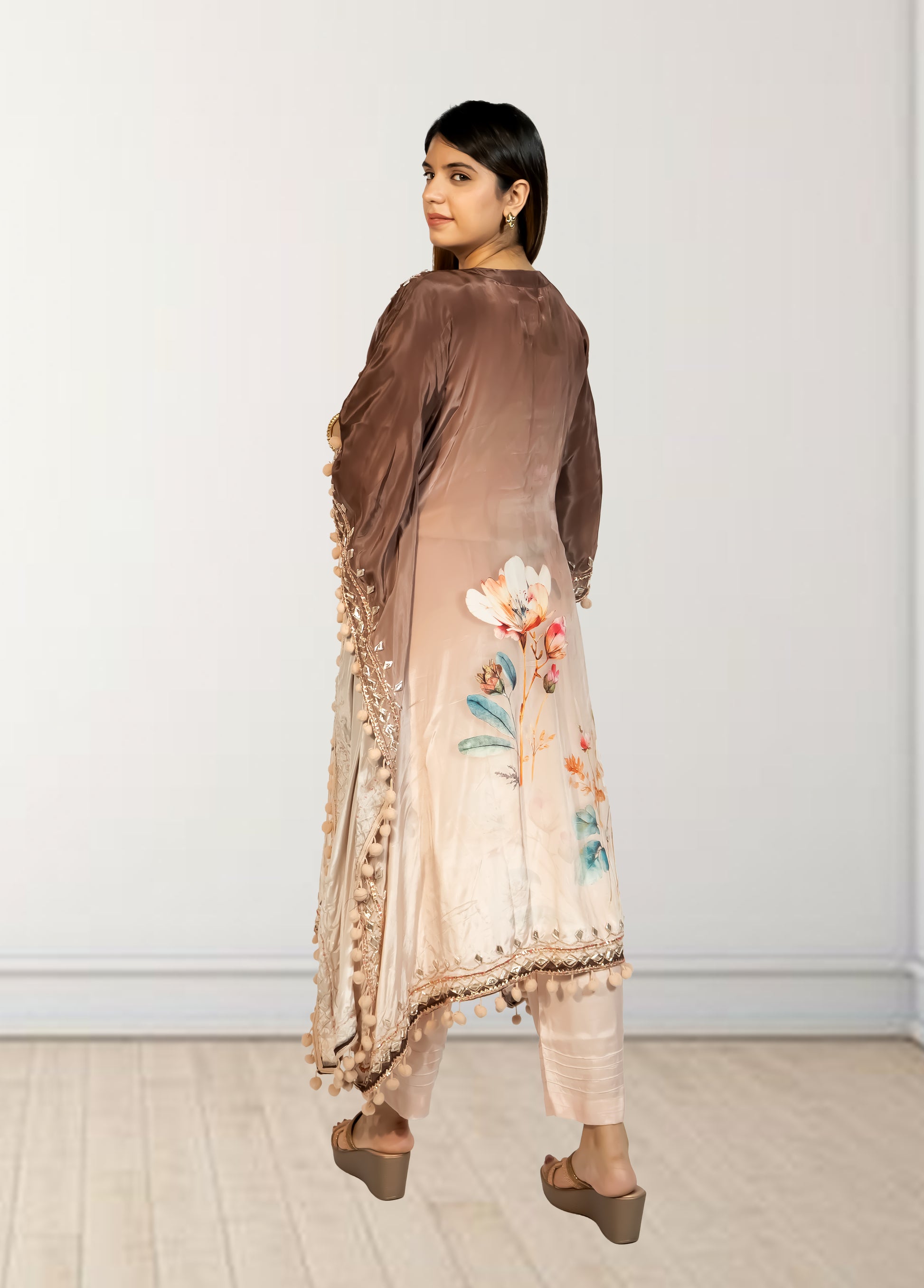 Peach & Brown Digital Print Kaftan with Pant | Gotta Patti Work | Crape Fabric | Sizes L–XL - Bebo N Lolo