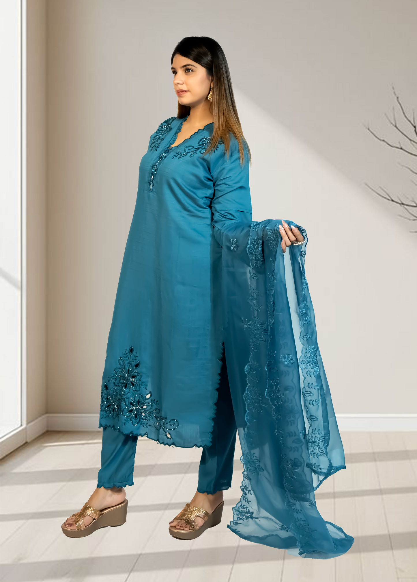 Woman wearing a blue embroidered outfit with a matching dupatta in a well-lit room.