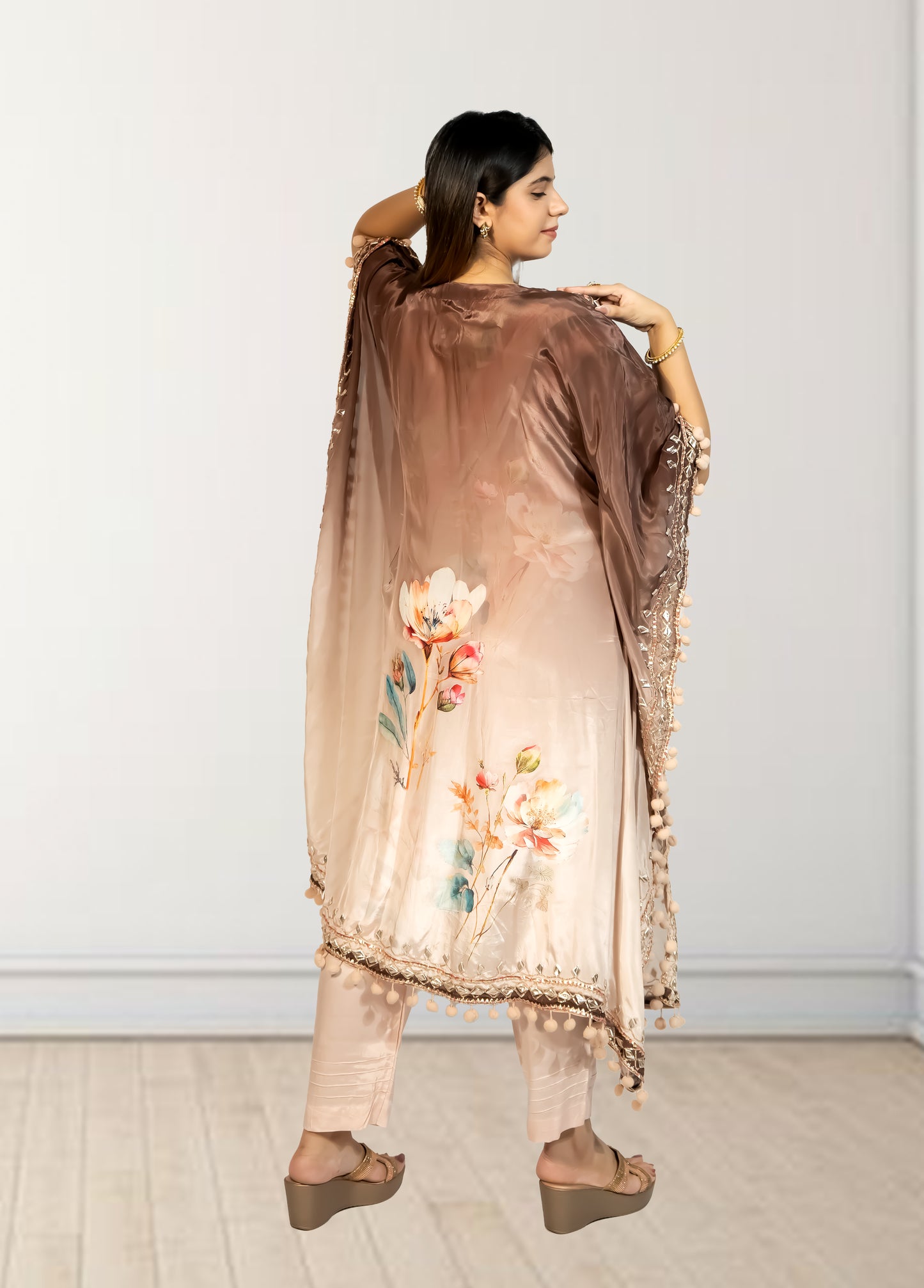 Peach & Brown Digital Print Kaftan with Pant | Gotta Patti Work | Crape Fabric | Sizes L–XL - Bebo N Lolo