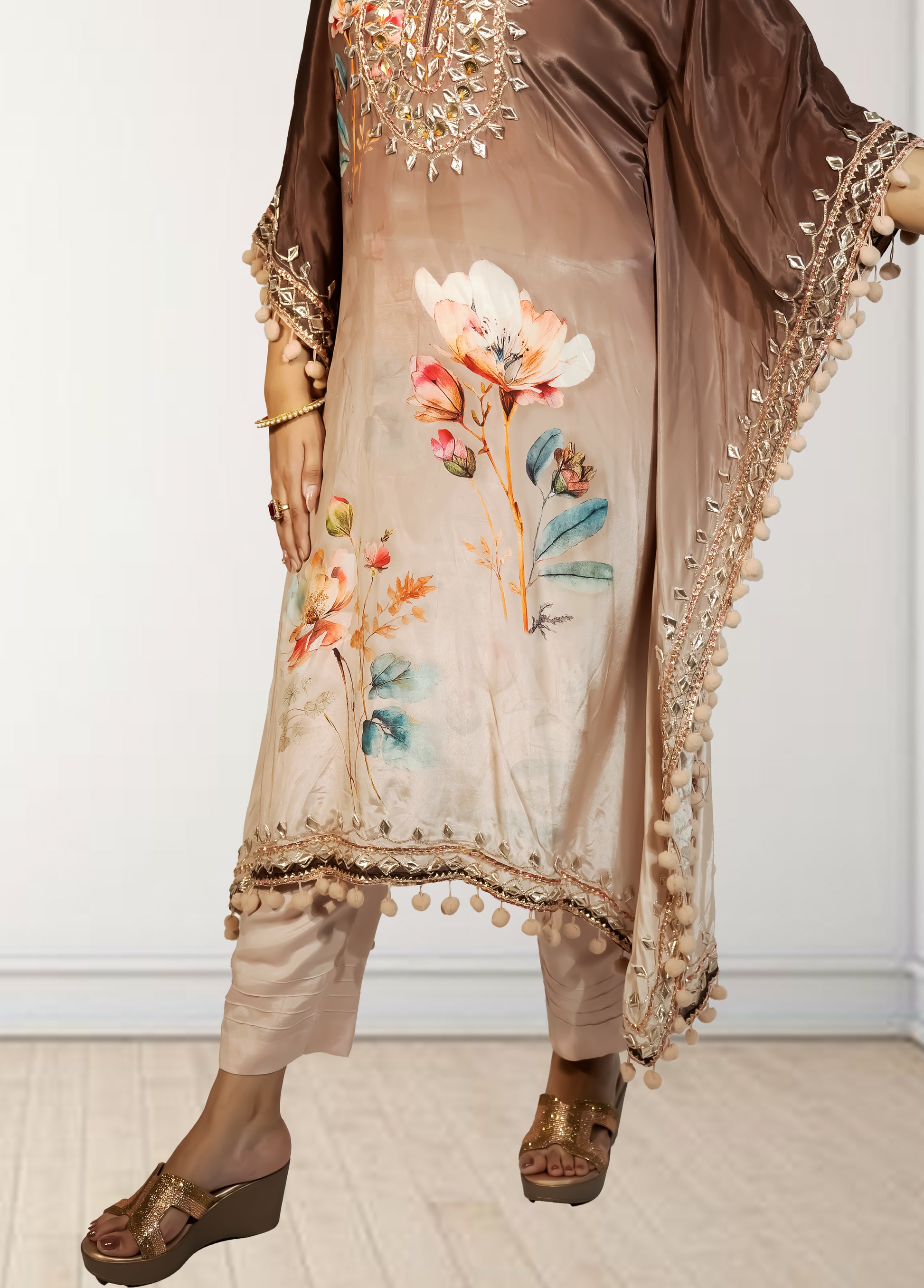 Peach & Brown Digital Print Kaftan with Pant | Gotta Patti Work | Crape Fabric | Sizes L–XL - Bebo N Lolo