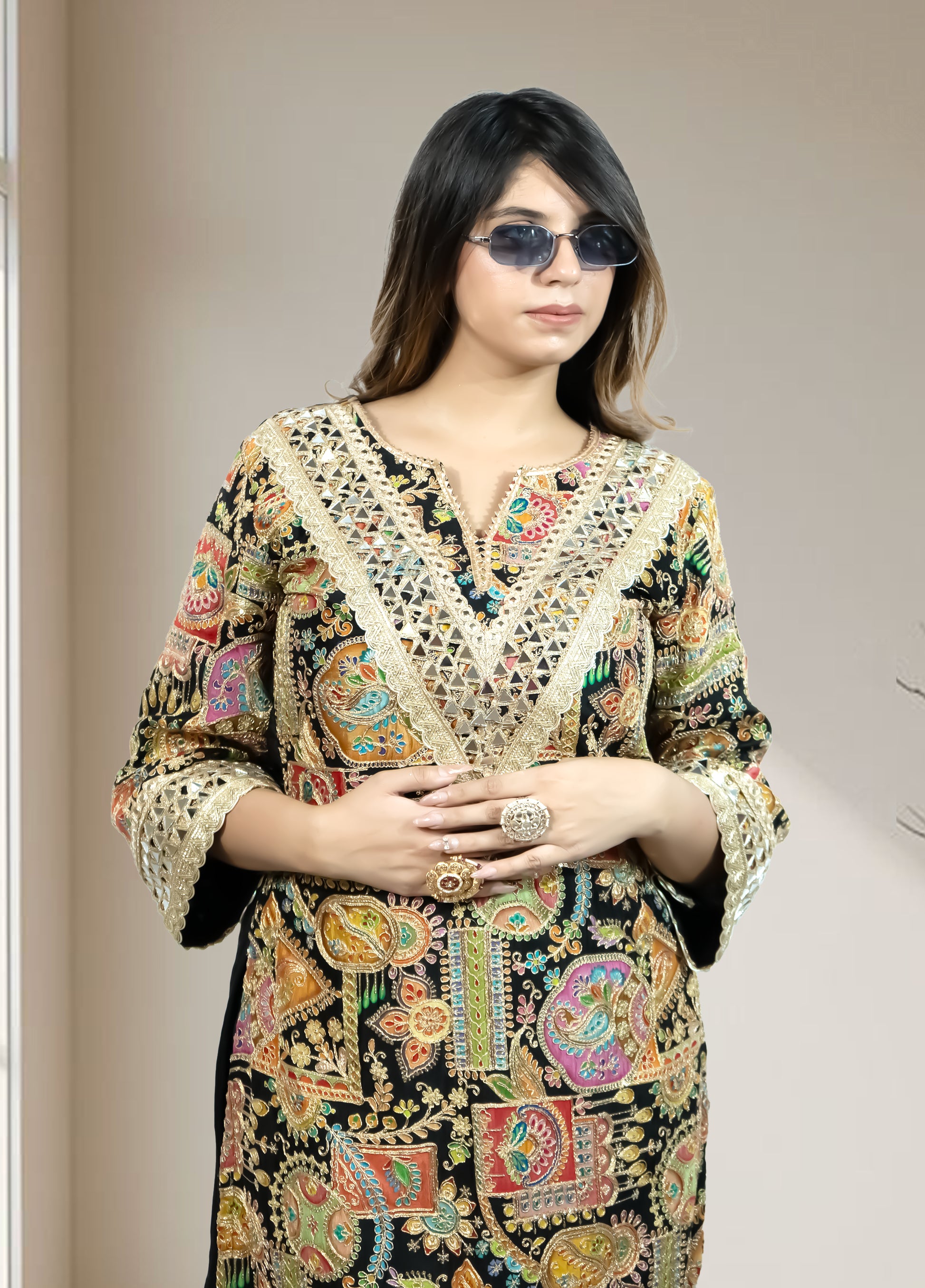 Black Multi Crape Heavy Kurta with Pant | Mirror & Sequence Work | Sizes M–XL - Bebo N Lolo