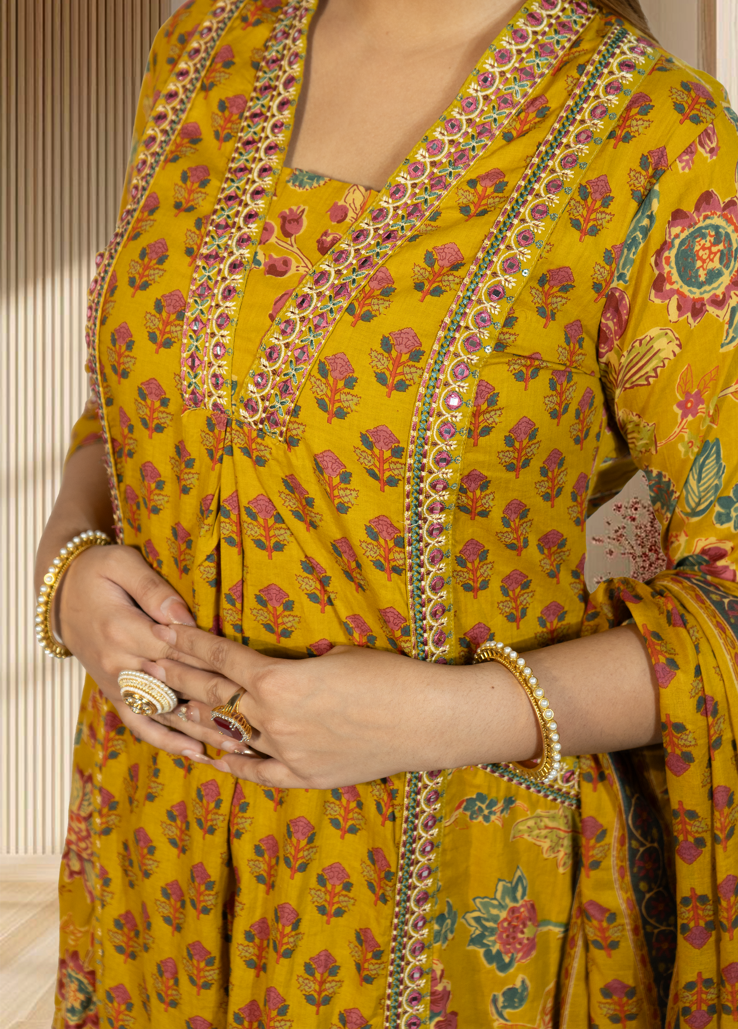 Mustard Pure Cotton A-Line Suit with Pant & Dupatta | Mirror & Lace Work | Sizes S–M - Bebo N Lolo