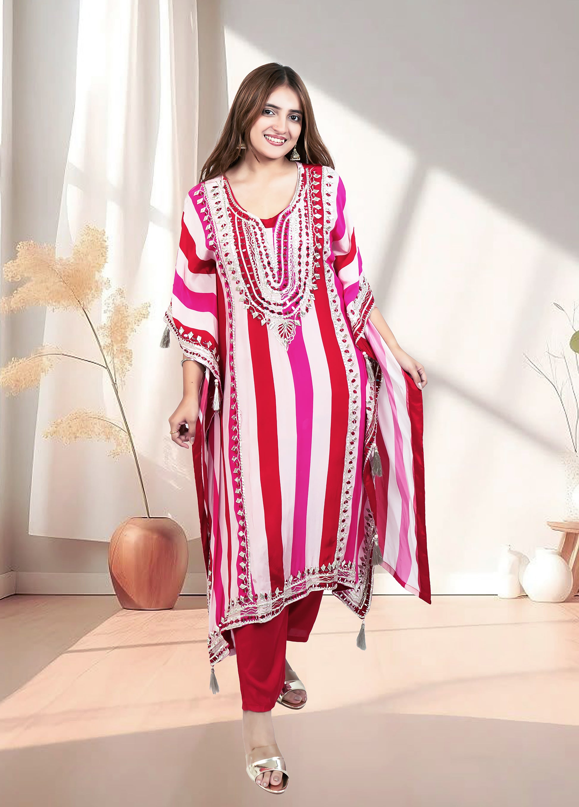 Red & Pink Crape Kaftan with Pant | Mirror & Gotta Work | Sizes M–XL - Bebo N Lolo