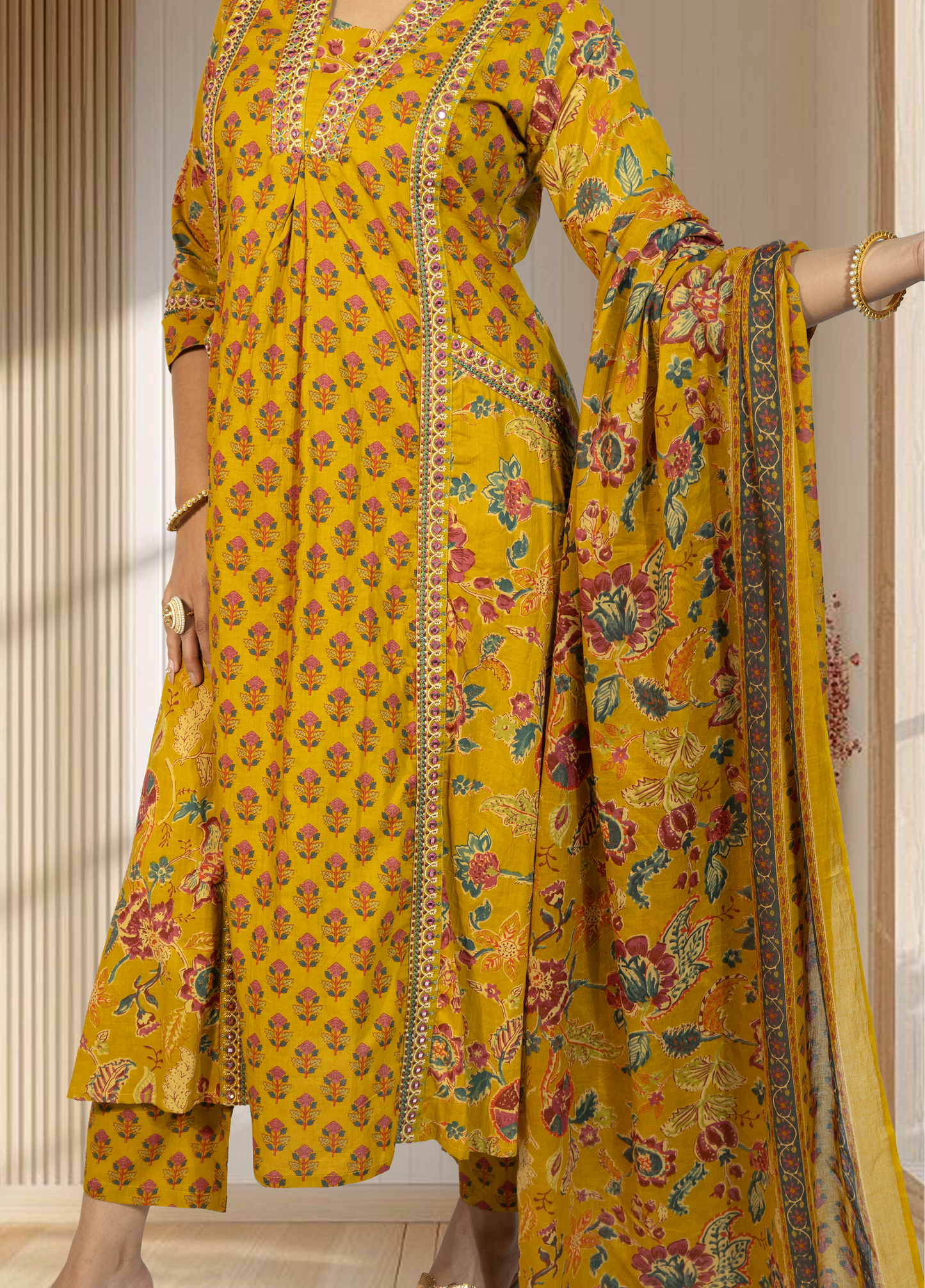 Mustard Pure Cotton A-Line Suit with Pant & Dupatta | Mirror & Lace Work | Sizes S–M - Bebo N Lolo
