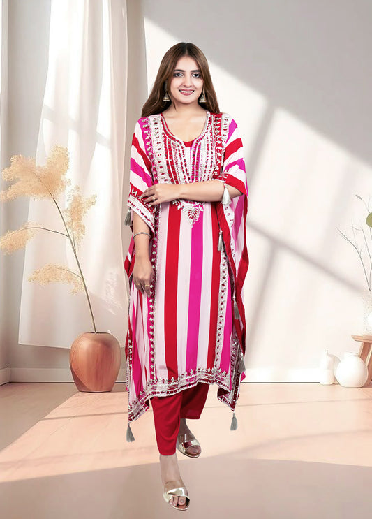Red & Pink Crape Kaftan with Pant | Mirror & Gotta Work | Sizes M–XL - Bebo N Lolo