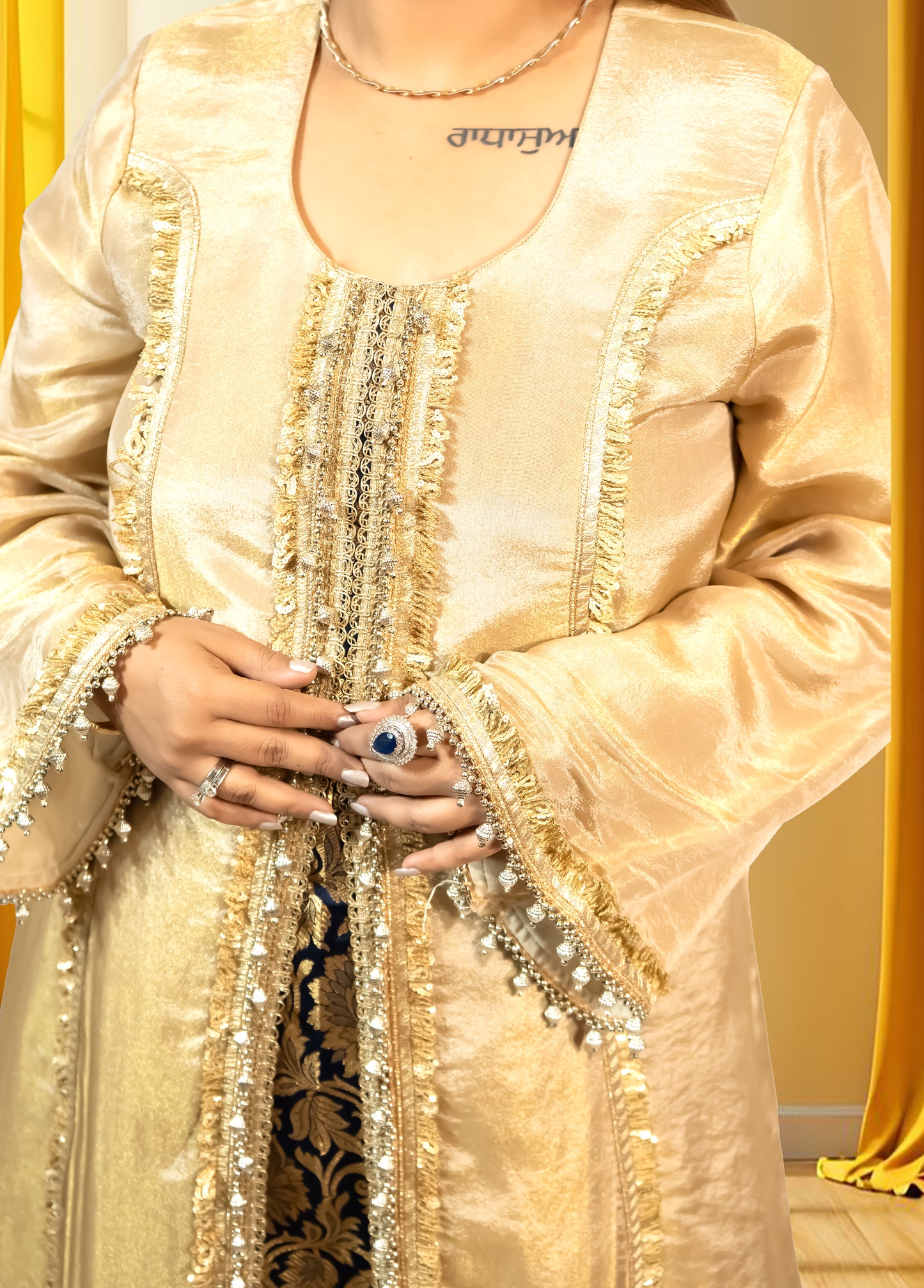 Golden Shimmer Organza A-Line Kurta with Navy Blue Brocket Pant | Lace Work - Bebo N Lolo