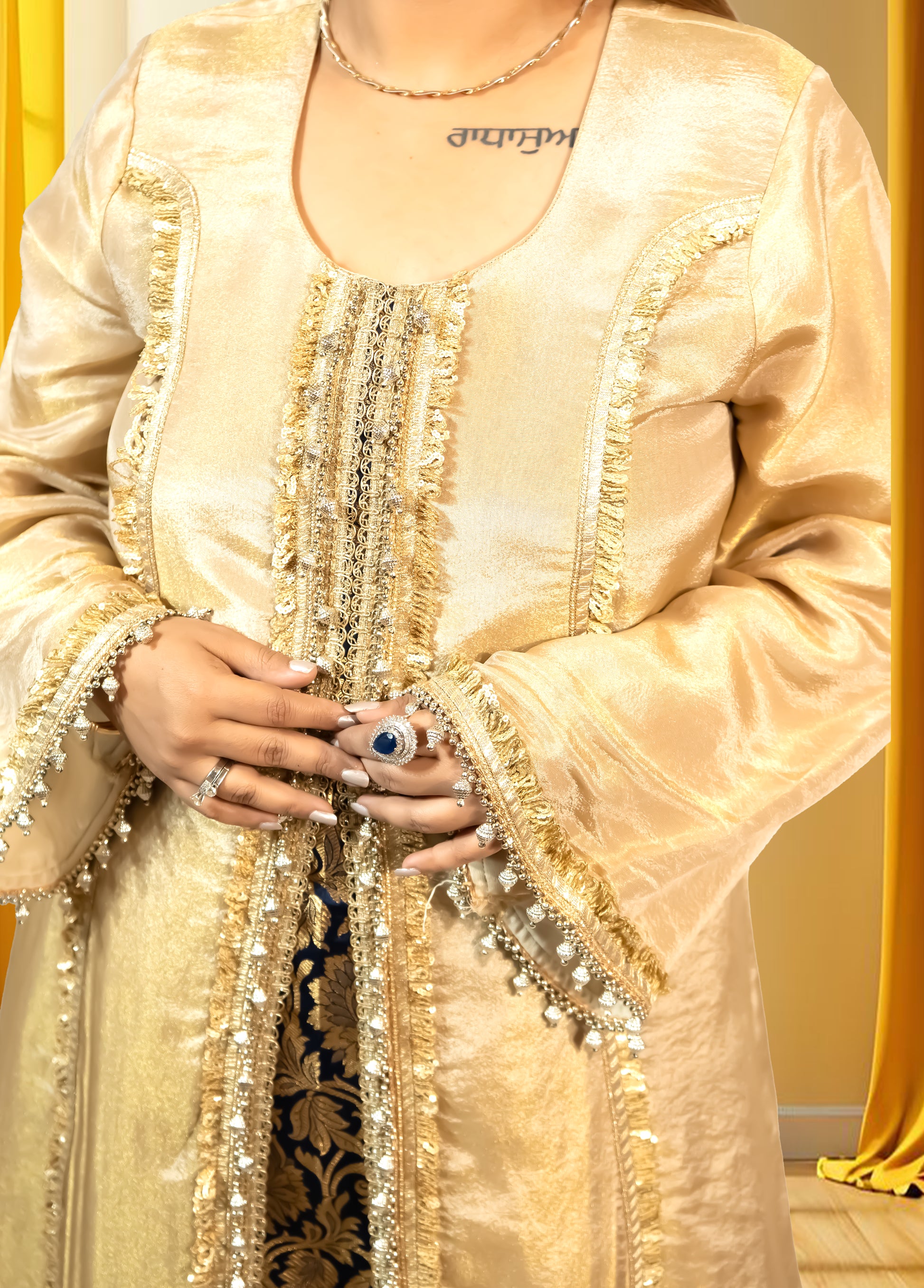 Golden Shimmer Organza A-Line Kurta with Navy Blue Brocket Pant | Lace Work - Bebo N Lolo