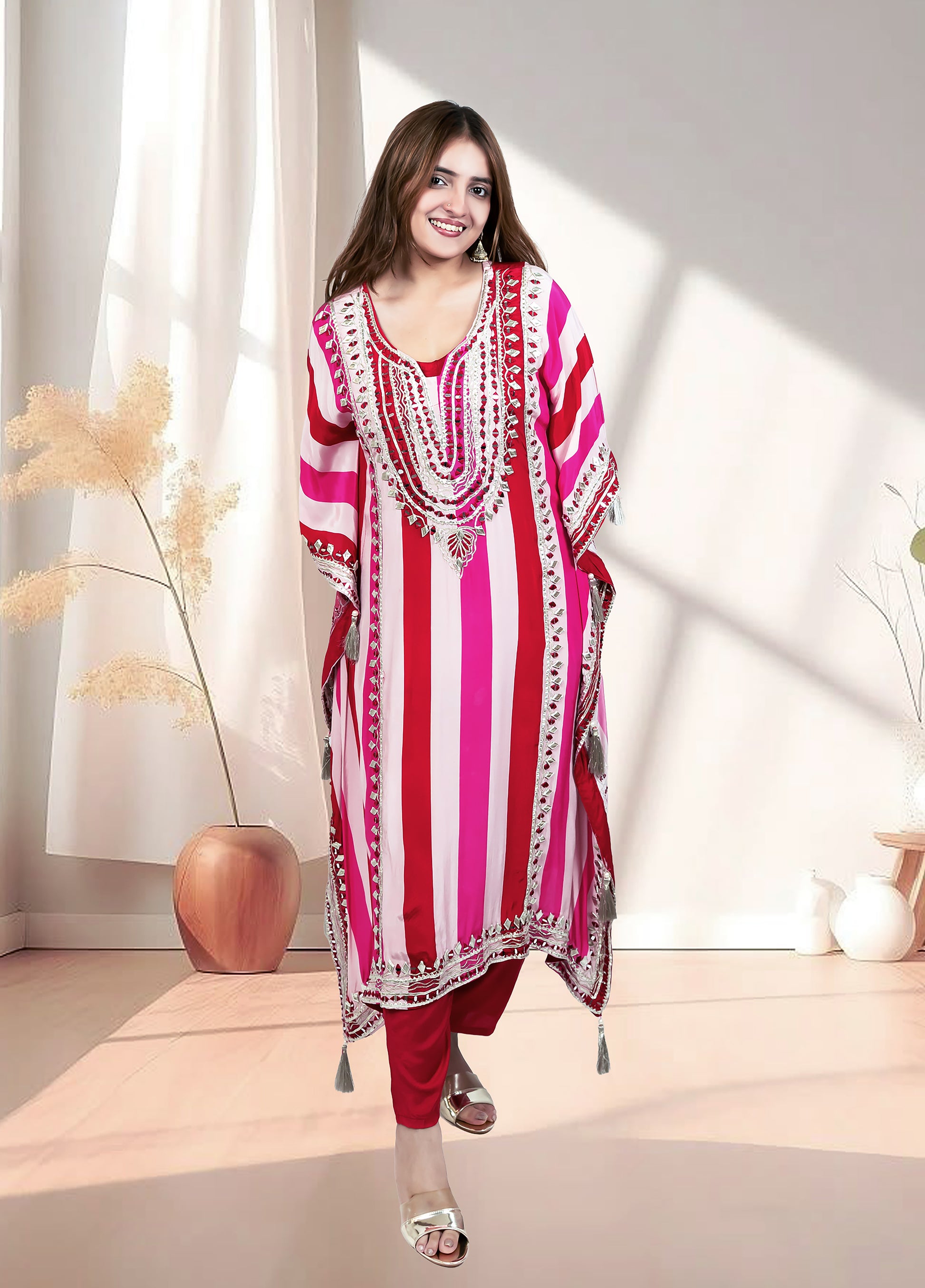 Red & Pink Crape Kaftan with Pant | Mirror & Gotta Work | Sizes M–XL - Bebo N Lolo