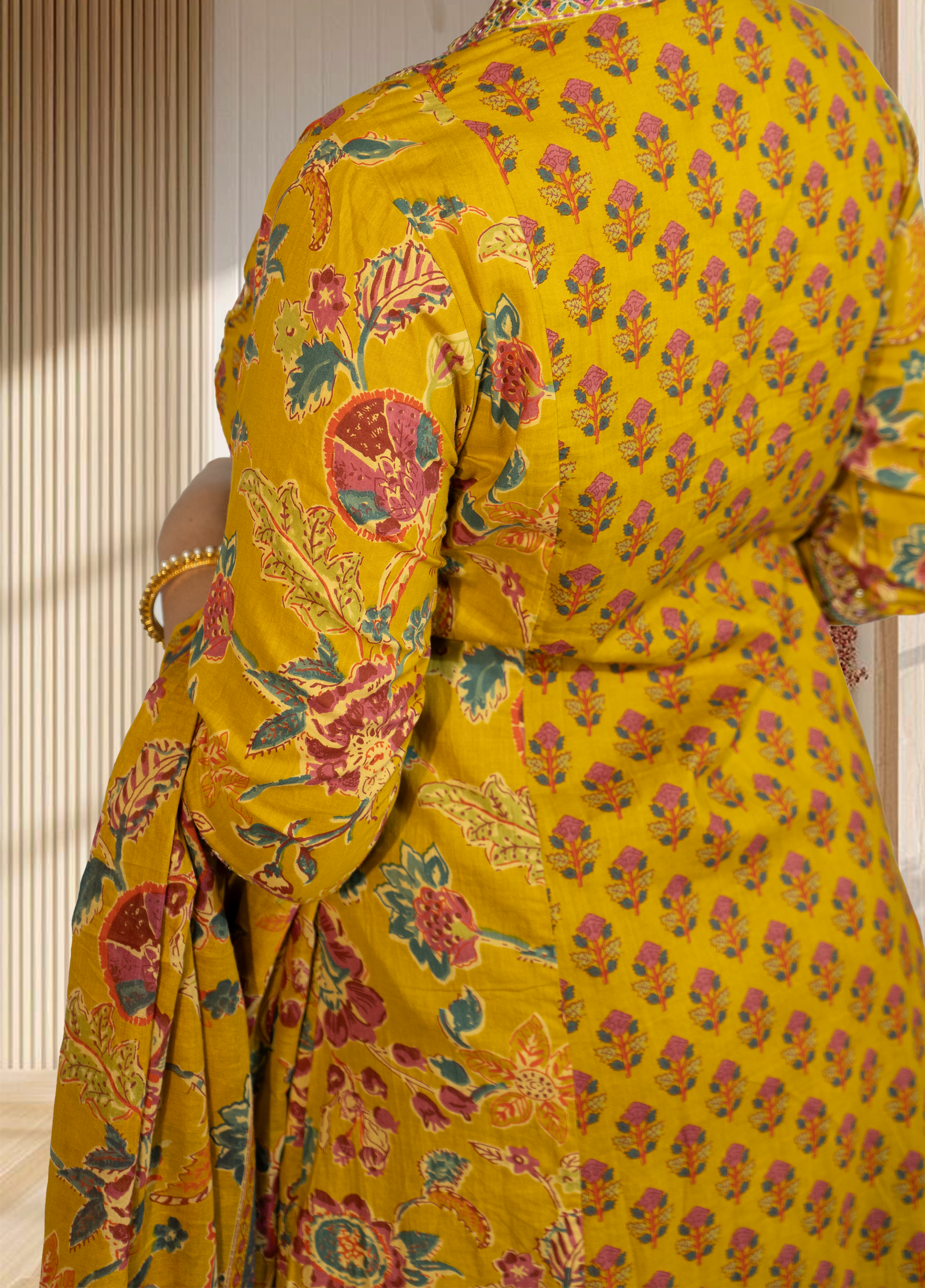 Mustard Pure Cotton A-Line Suit with Pant & Dupatta | Mirror & Lace Work | Sizes S–M - Bebo N Lolo