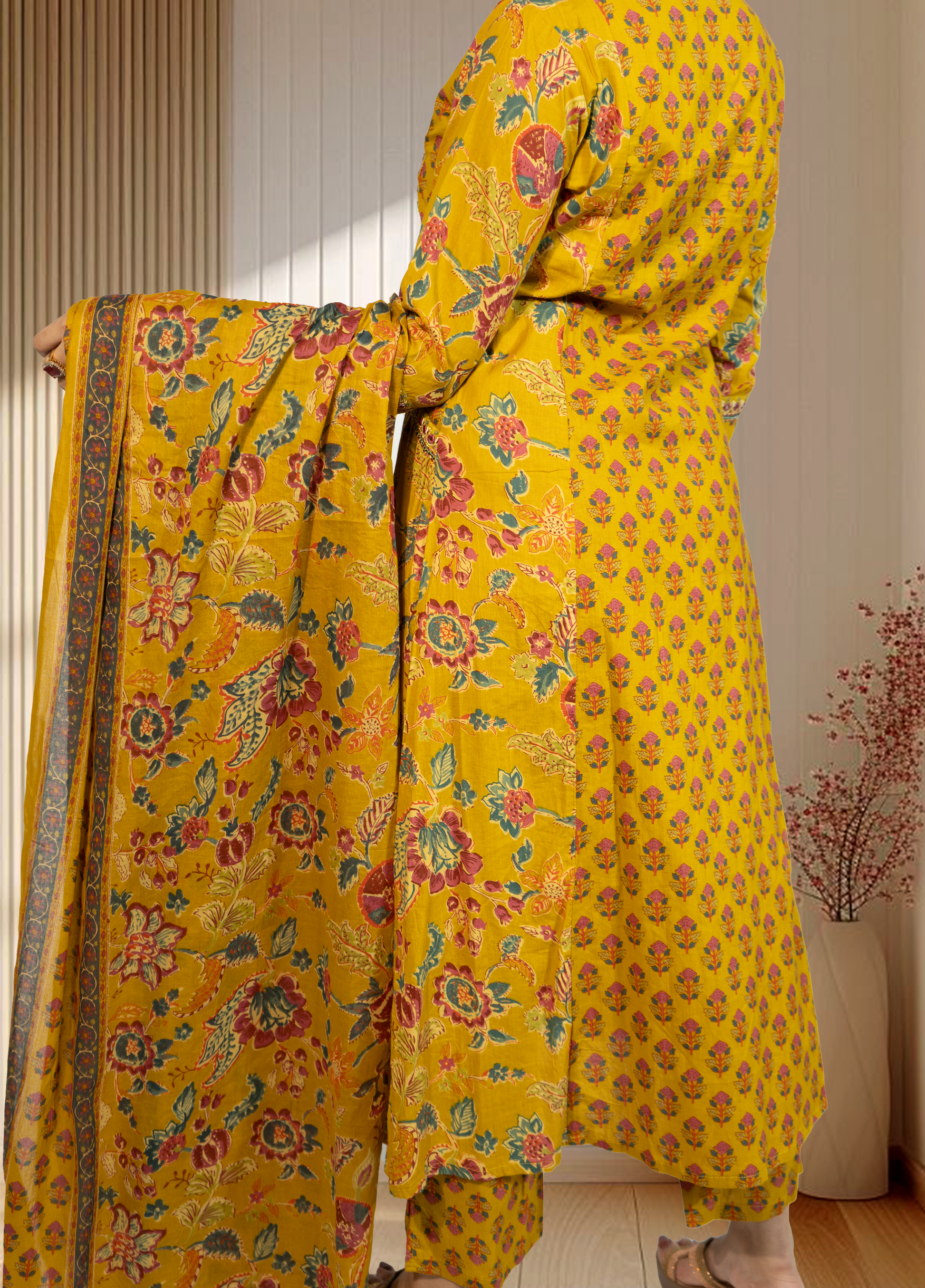 Mustard Pure Cotton A-Line Suit with Pant & Dupatta | Mirror & Lace Work | Sizes S–M - Bebo N Lolo