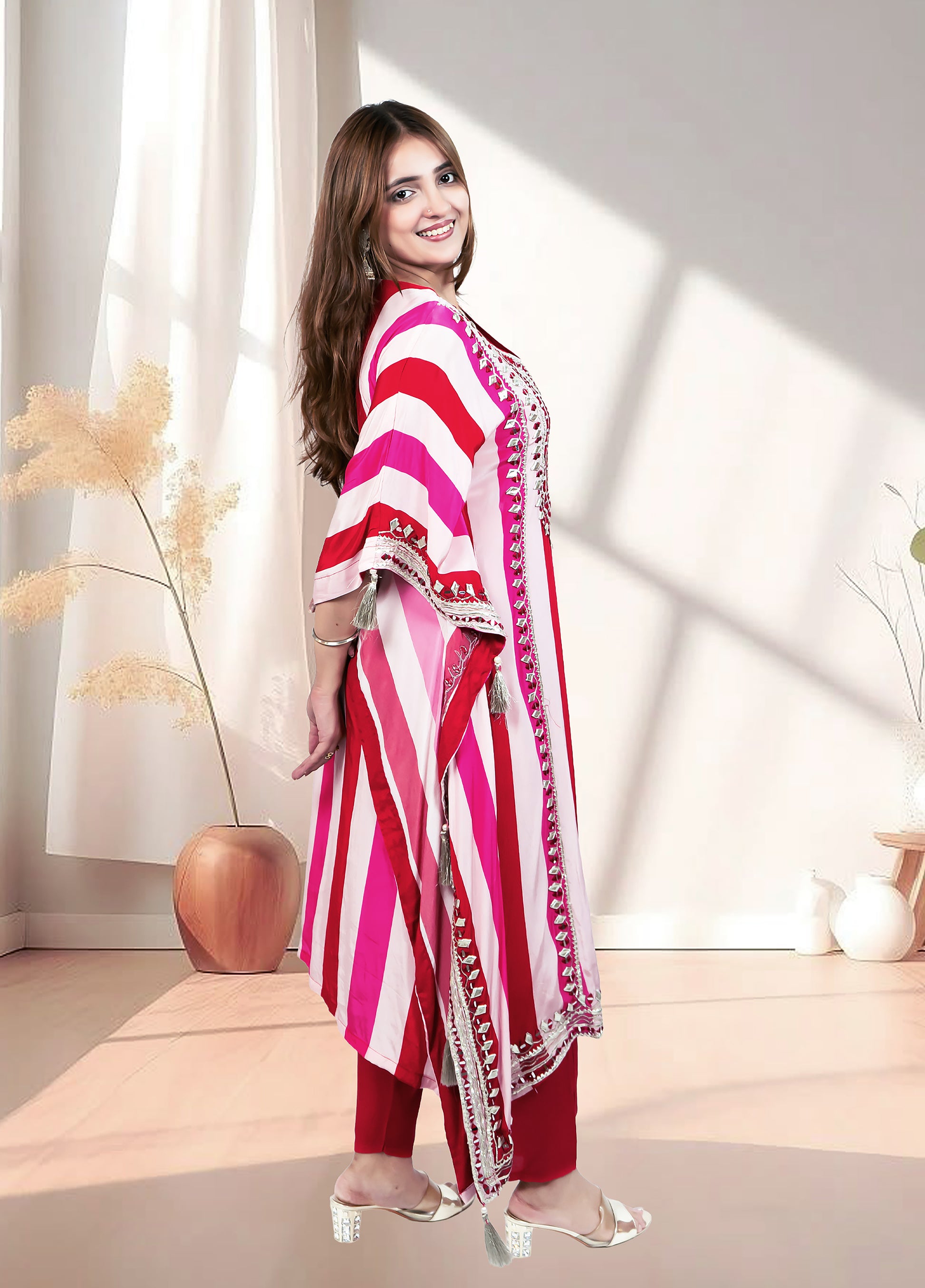 Red & Pink Crape Kaftan with Pant | Mirror & Gotta Work | Sizes M–XL - Bebo N Lolo