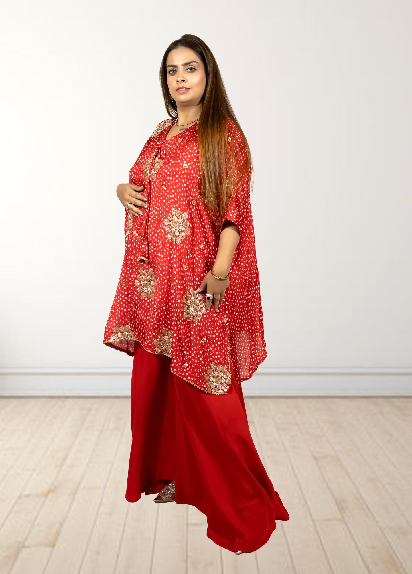 Red Chinon Bandhani Print Loose Palazzo Choga | Sequence & Cut Dana Work - Bebo N Lolo