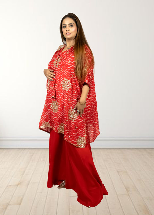 Red Chinon Bandhani Print Loose Palazzo Choga | Sequence & Cut Dana Work - Bebo N Lolo