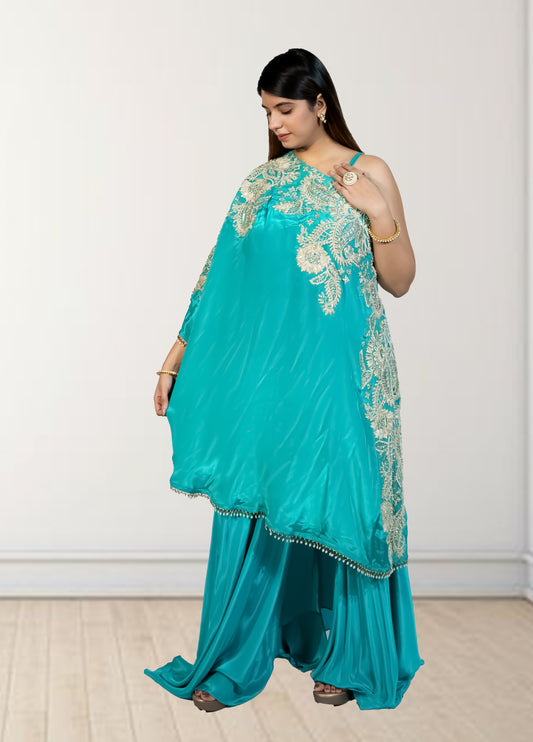 Rama Green Off-Shoulder Cape with Sharara & Breastiser | Pearl, Lace, Cut Dana & Sequence Work | Indo Western | Sizes L–XXL - Bebo N Lolo