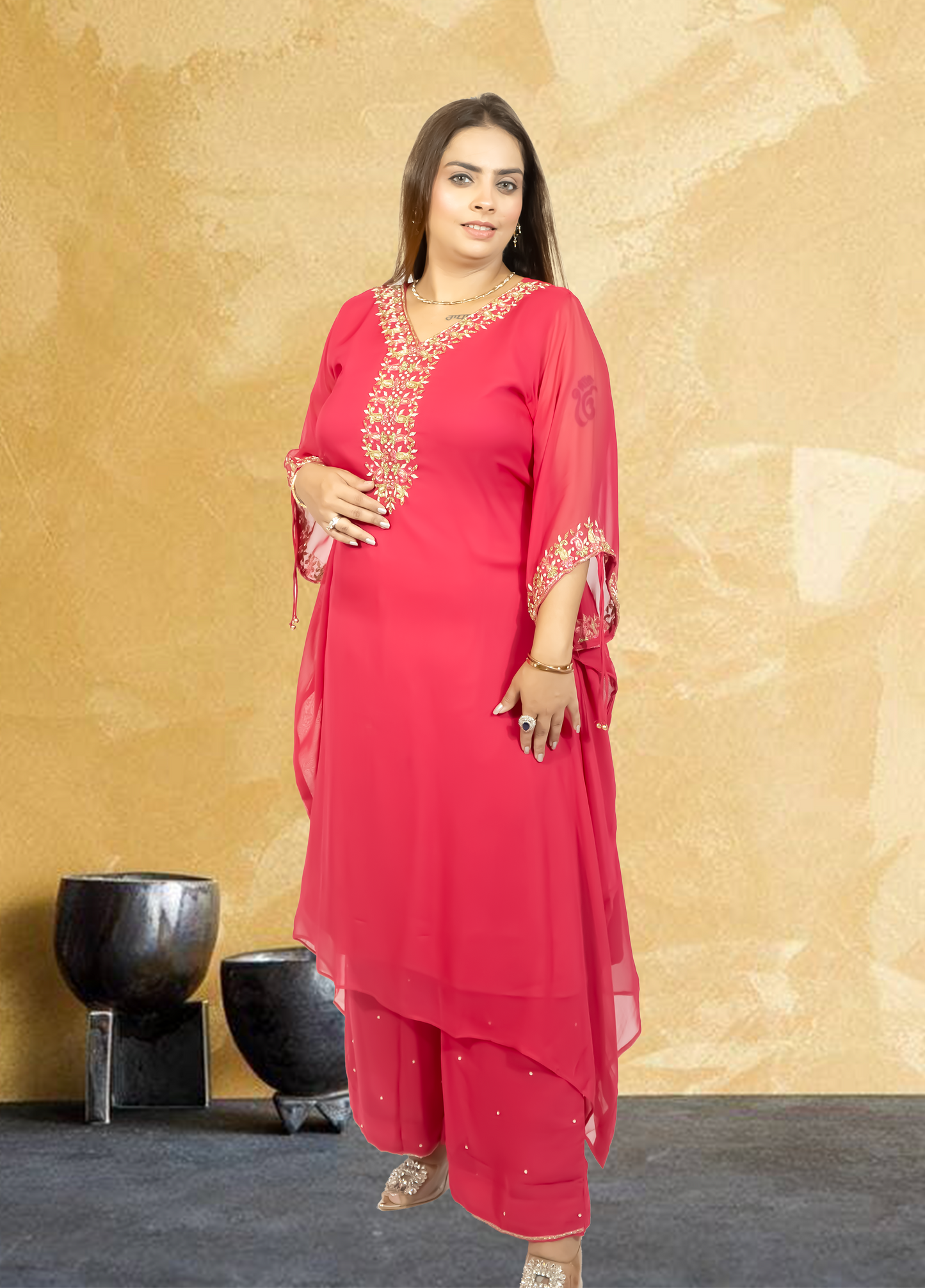 Hot Pink Crape Kaftan with Palazzo | Cut Dana & Sequence Embroidery | Sizes L–XXL - Bebo N Lolo
