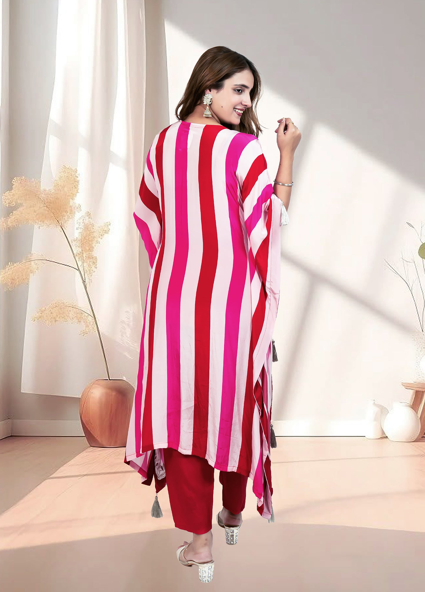 Red & Pink Crape Kaftan with Pant | Mirror & Gotta Work | Sizes M–XL - Bebo N Lolo