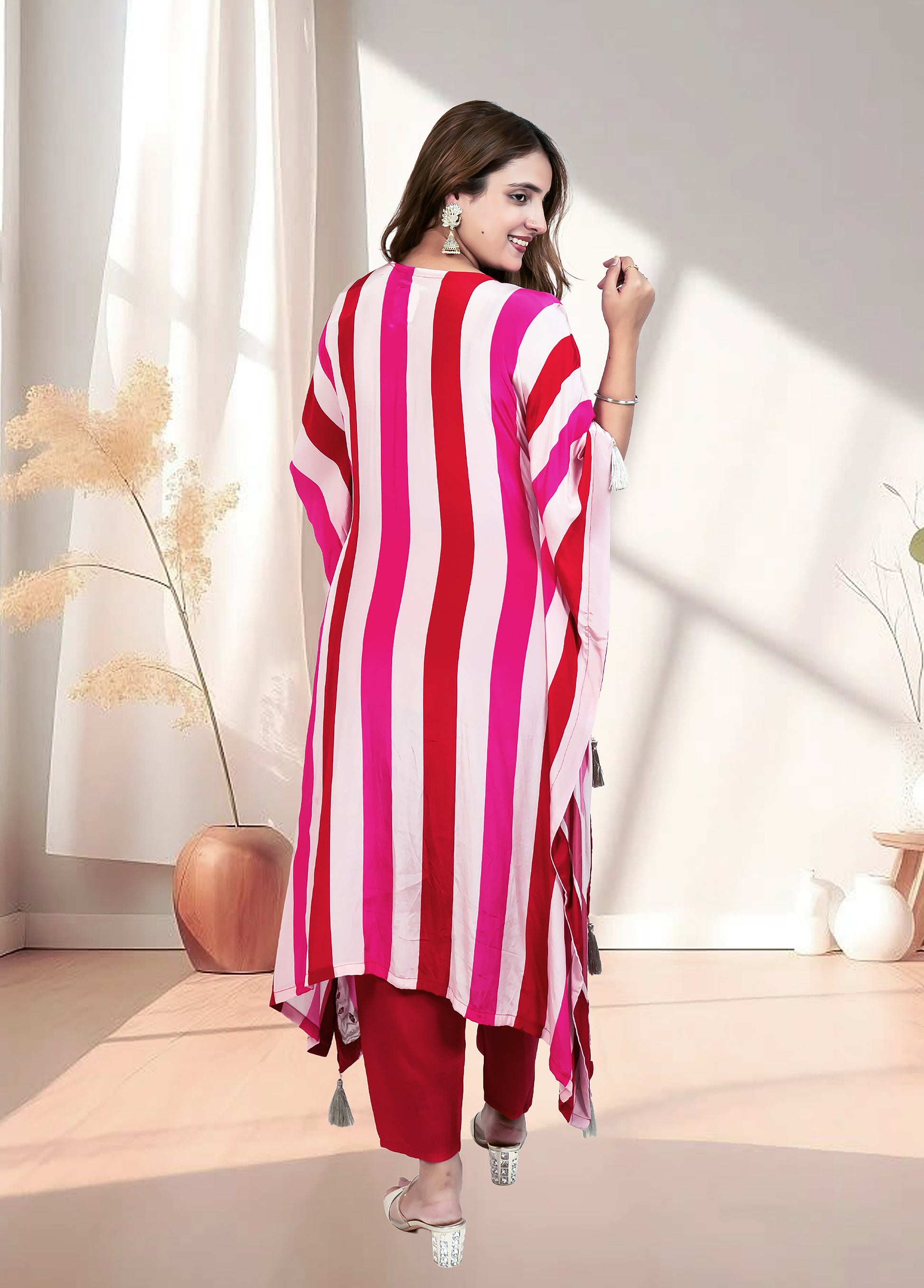 Red & Pink Crape Kaftan with Pant | Mirror & Gotta Work | Sizes M–XL - Bebo N Lolo