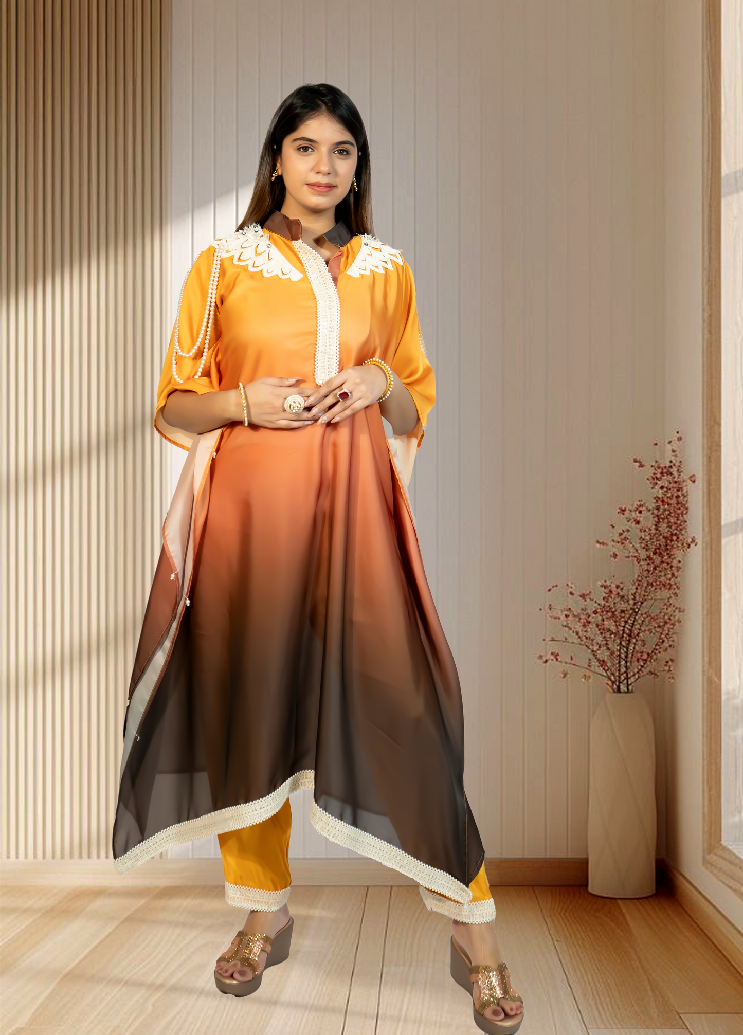 Double Shaded Ombré Satin Choga with Pant | Hand Pearl & Cut Dana Work | Sizes L–XXL - Bebo N Lolo