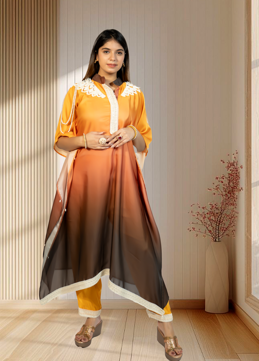 Double Shaded Ombré Satin Choga with Pant | Hand Pearl & Cut Dana Work | Sizes L–XXL - Bebo N Lolo