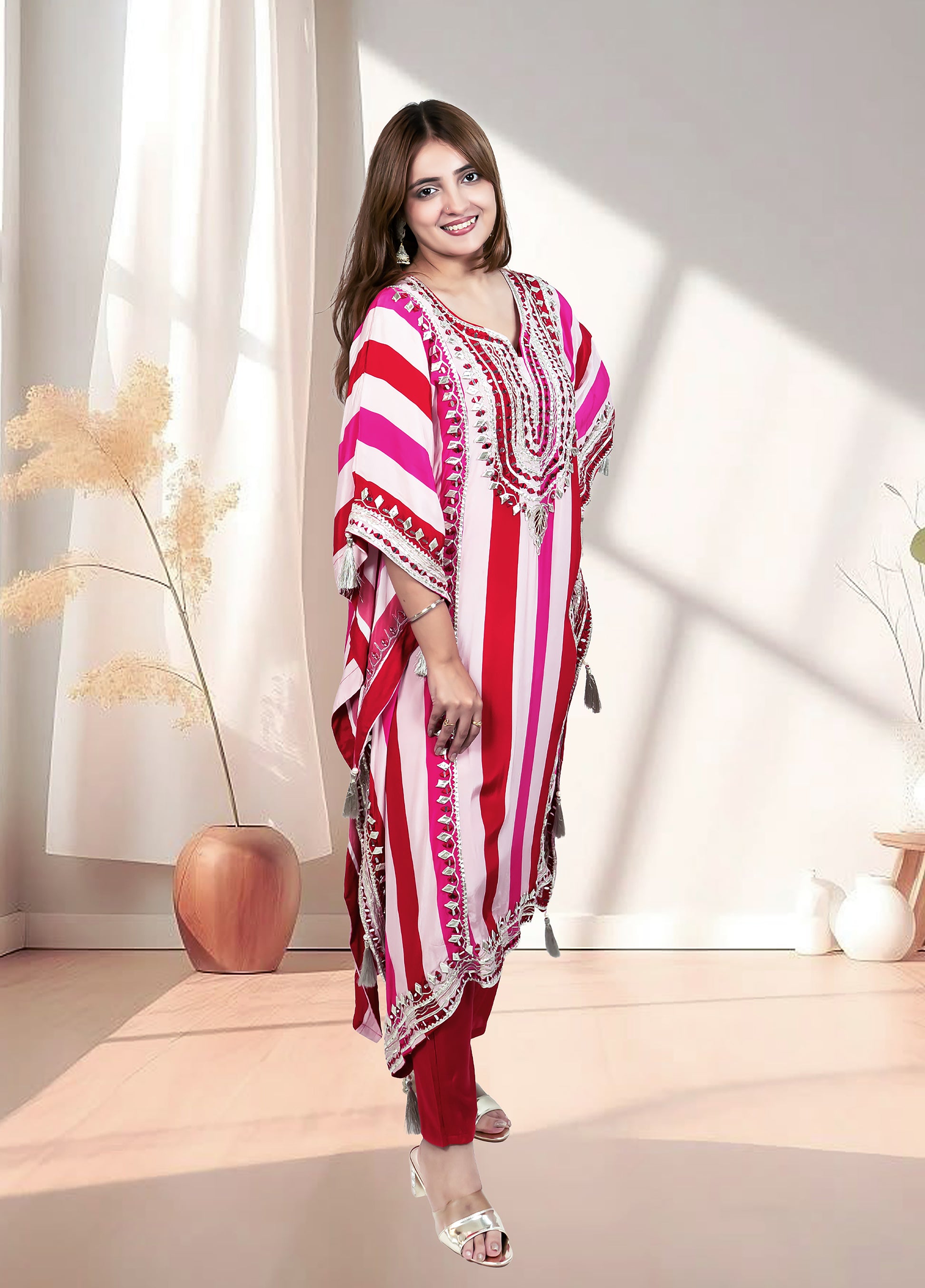 Red & Pink Crape Kaftan with Pant | Mirror & Gotta Work | Sizes M–XL - Bebo N Lolo