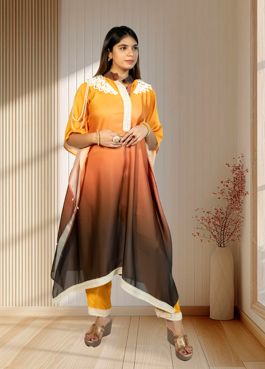Double Shaded Ombré Satin Choga with Pant | Hand Pearl & Cut Dana Work | Sizes L–XXL - Bebo N Lolo