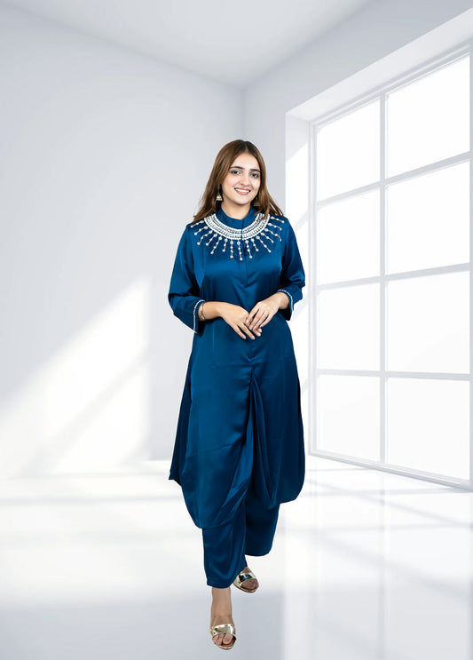 Teal Saartan Long Gathered Shirt with Plazo | Softy & Pearl Work | Sizes M–XL - Bebo N Lolo