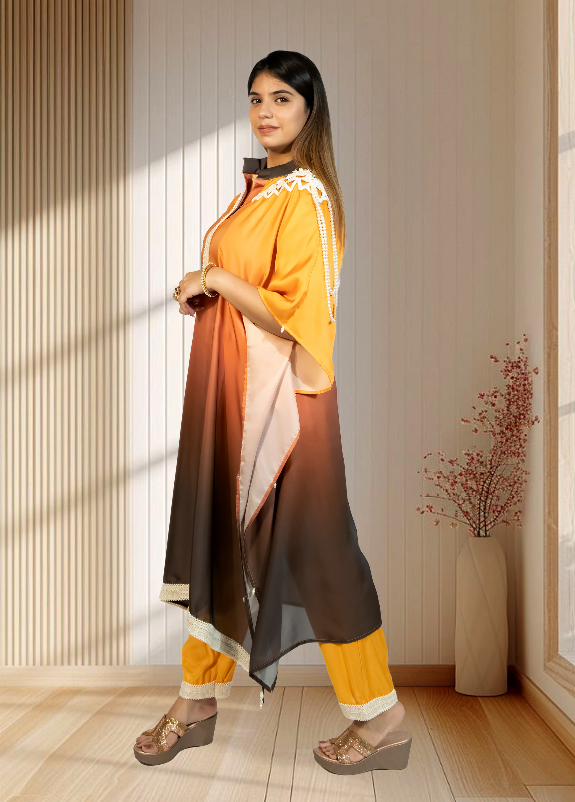 Double Shaded Ombré Satin Choga with Pant | Hand Pearl & Cut Dana Work | Sizes L–XXL - Bebo N Lolo