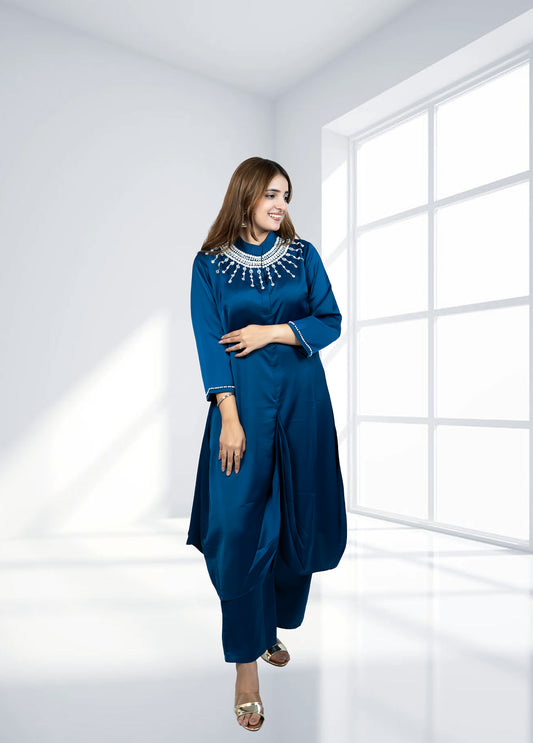 Teal Saartan Long Gathered Shirt with Plazo | Softy & Pearl Work | Sizes M–XL - Bebo N Lolo